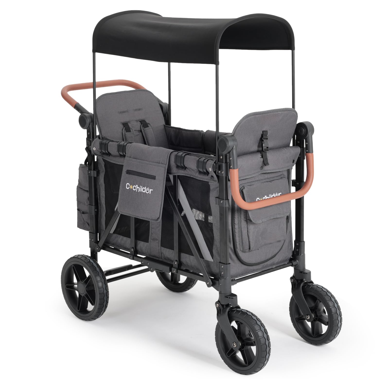 Elite 2 Seater Wagon Stroller for Kids, Foldable Stroller Wagon with Removable Seats & Canopy, 5-Point Safety Harness, Adjustable Handle, Dark Gray