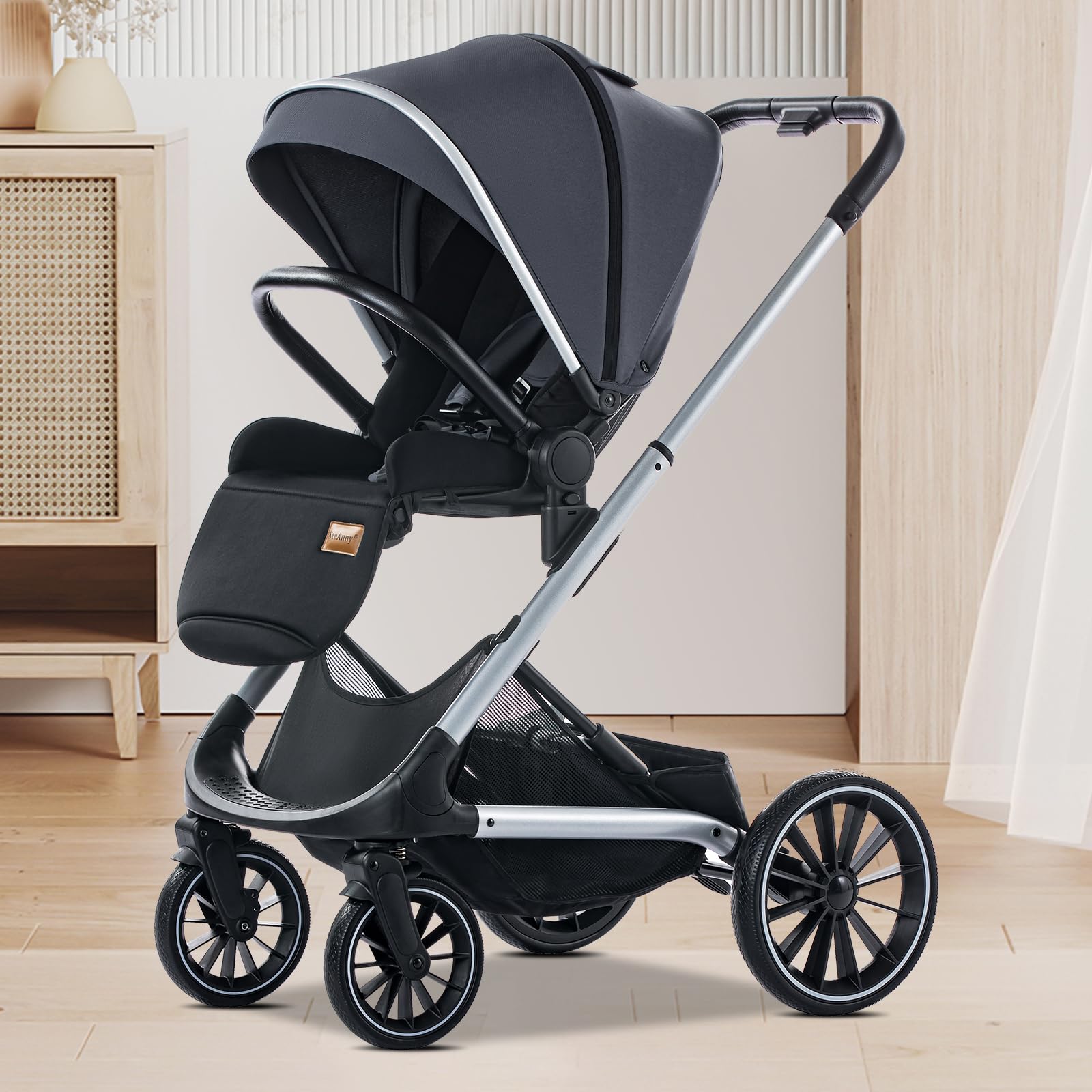 Wagon Pram, Convertible Stroller with Reversible Seat, Foldable Newborn Stroller with Bassinet Mode, Oversized Wheels Luxury Baby Carriage Suit Toddler Infant,Gray (Green)