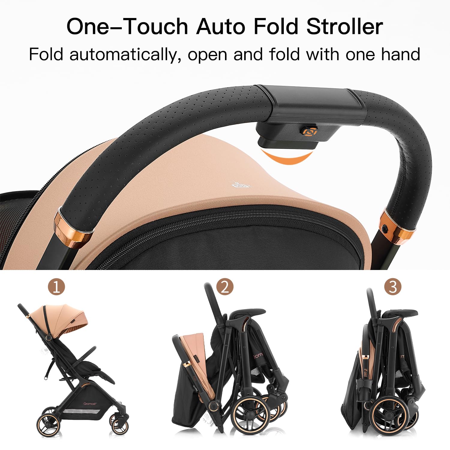 Gravity Folding Baby Stroller - Portable Travel Toddler Stroller w/Adjustable Backrest & Canopy, Lightweight and UV Protected, One-Hand Automatic Folding - Khaki