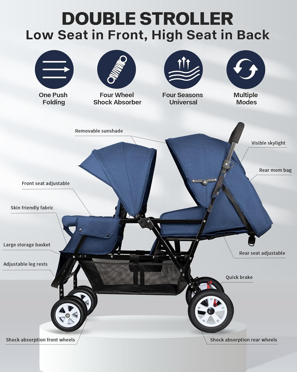 Double Stroller for Infant Toddler, Foldable Double Baby Stroller with Tandem Seating and Adjustable Backrest - Extra Gift Toys/Mosquito Net/Sleeping Mats/ 2 Cotton Pads/ 2 Hooks (Blue)