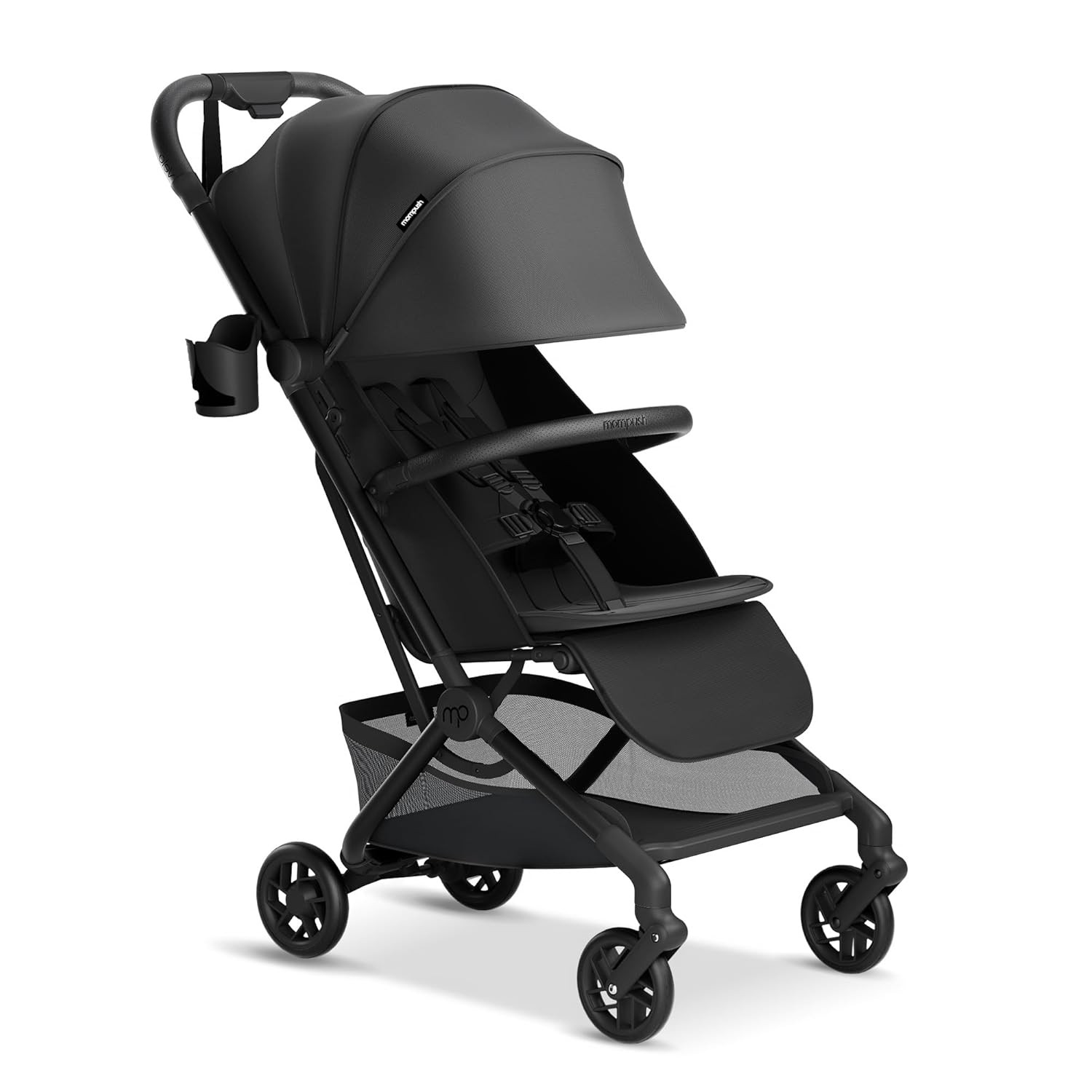Mompush Velo Lightweight Travel Stroller, Compact & Airplane-Friendly for Baby and Toddler, Lie-Flat Seat, One-Hand Fold, with Leather Bumper Bar, Shoulder Strap, Raincover, Storage Bag & Cup Holder