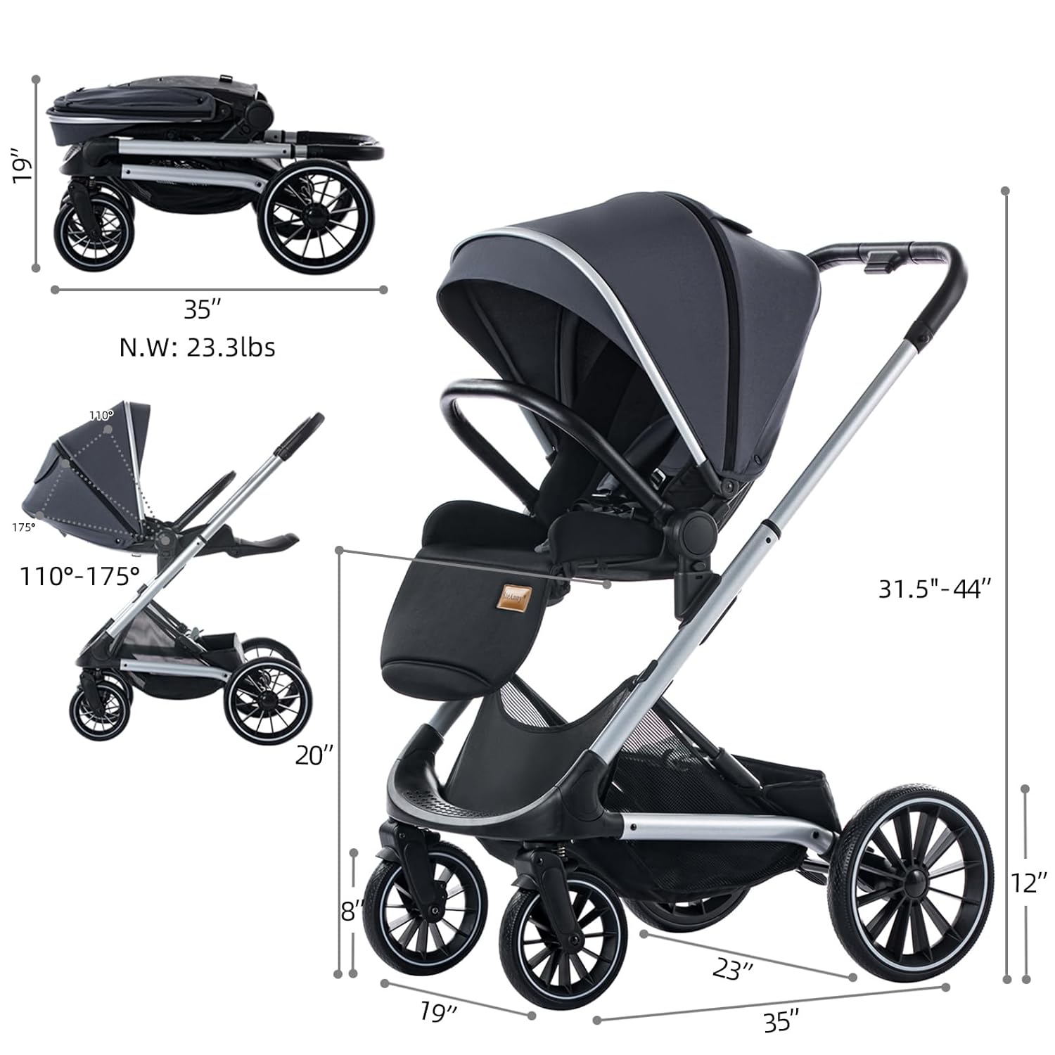 Wagon Pram, Convertible Stroller with Reversible Seat, Foldable Newborn Stroller with Bassinet Mode, Oversized Wheels Luxury Baby Carriage Suit Toddler Infant,Gray (Green)