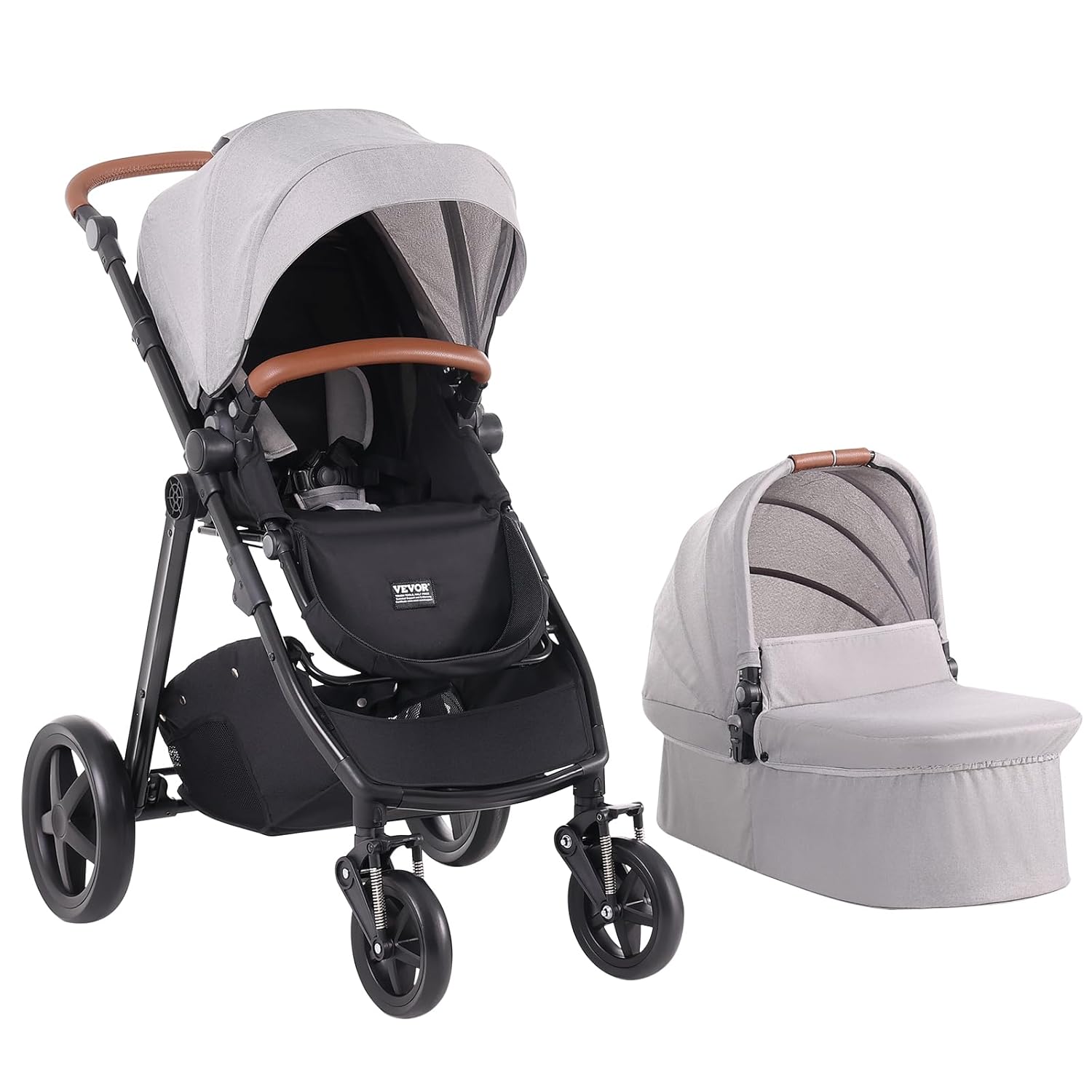VEVOR 2-in-1 Baby Stroller with Infant Bassinet, Reversible Seat & Easy One-Button Fold, Aluminum Frame, EVA Tires with Brake, Lightweight Travel System Combo (Light Gray)