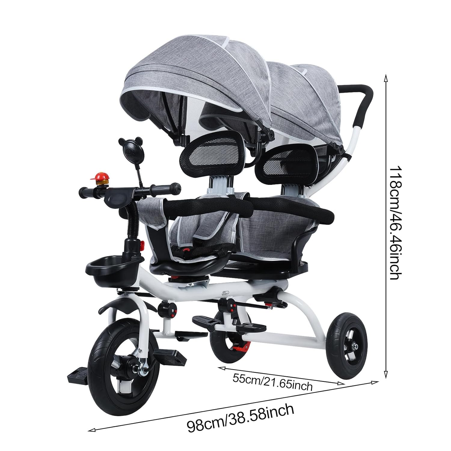 Lightweight Double Toddler Stroller 3-5 Year Old, Sit and Stand Compact Stroller for Travel Infant Tricycle with Anti-Roll Rubber Wheels, Gift for Boys and Girls, Gray