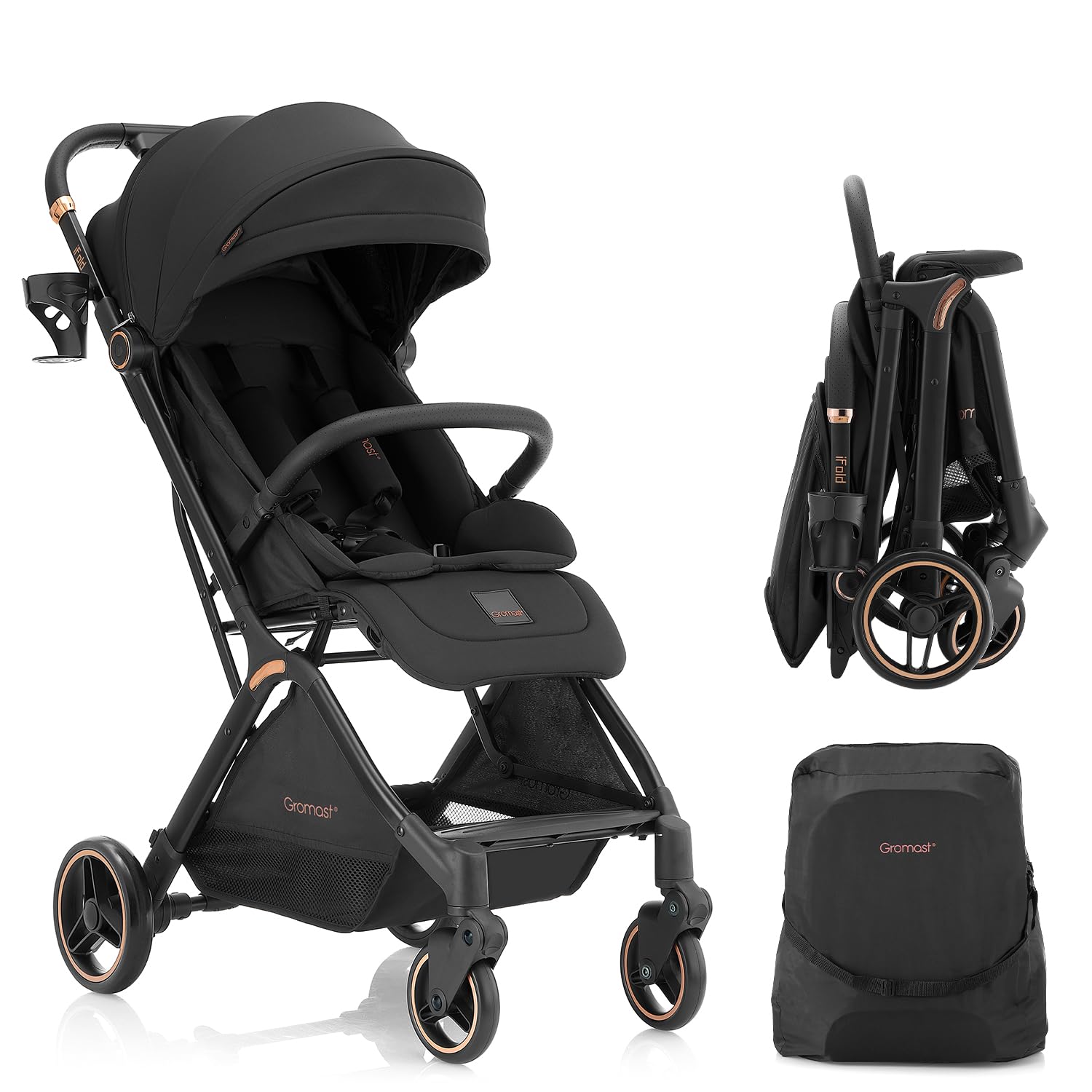 Gravity Folding Baby Stroller - Portable Travel Toddler Stroller w/Adjustable Backrest & Canopy, Lightweight and UV Protected, One-Hand Automatic Folding - Khaki