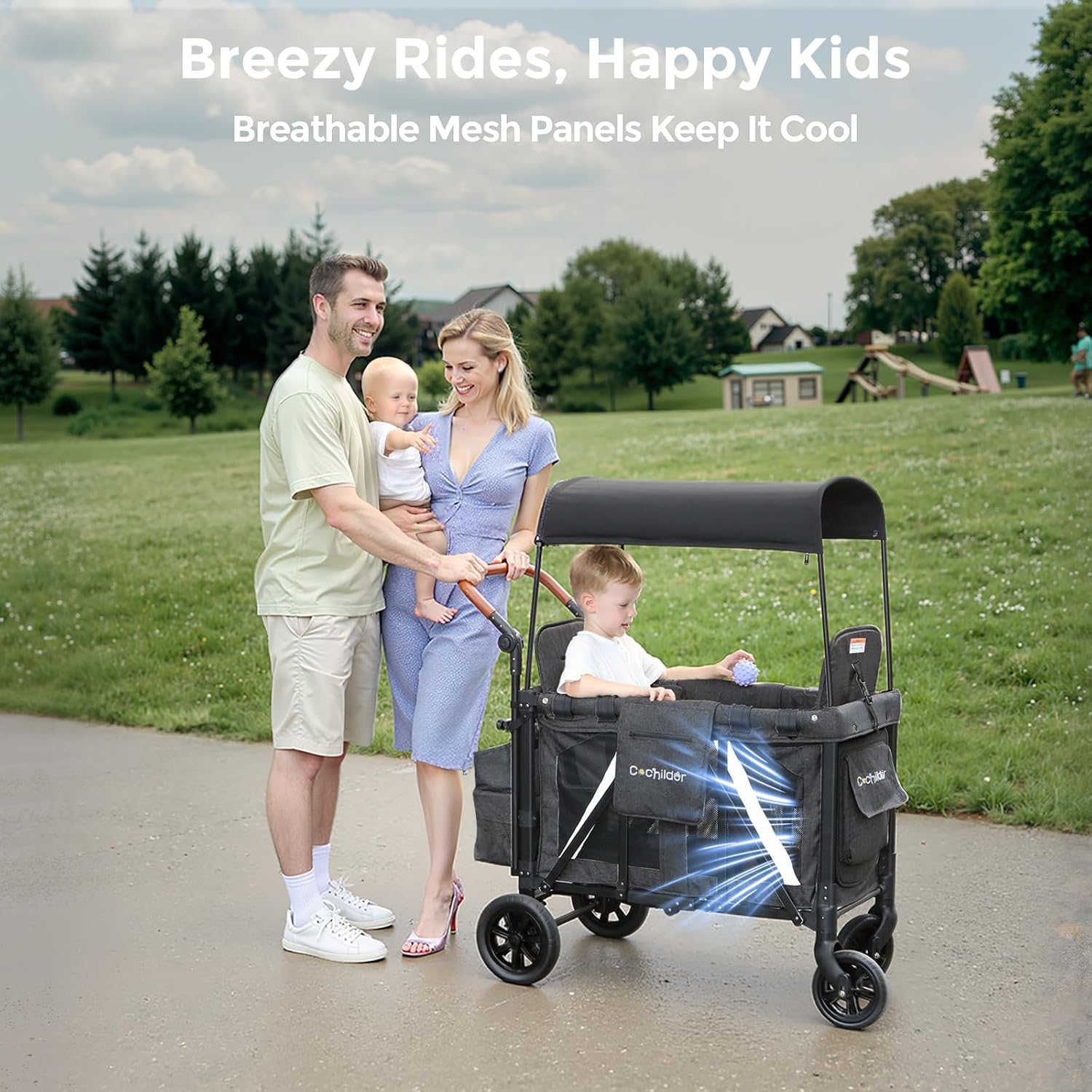 Elite 2 Seater Wagon Stroller for Kids, Foldable Stroller Wagon with Removable Seats & Canopy, 5-Point Safety Harness, Adjustable Handle, Dark Gray