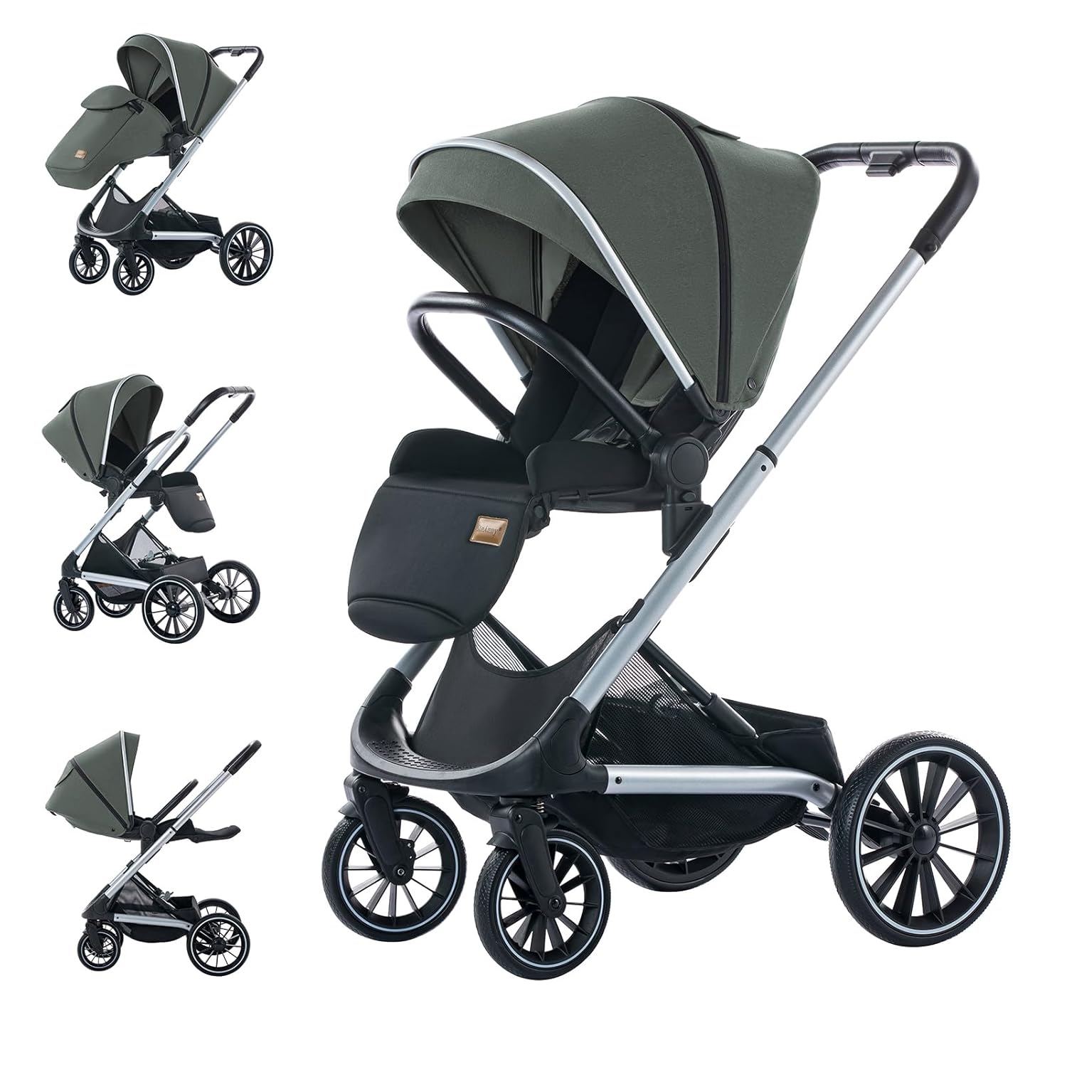 Wagon Pram, Convertible Stroller with Reversible Seat, Foldable Newborn Stroller with Bassinet Mode, Oversized Wheels Luxury Baby Carriage Suit Toddler Infant,Gray (Green)