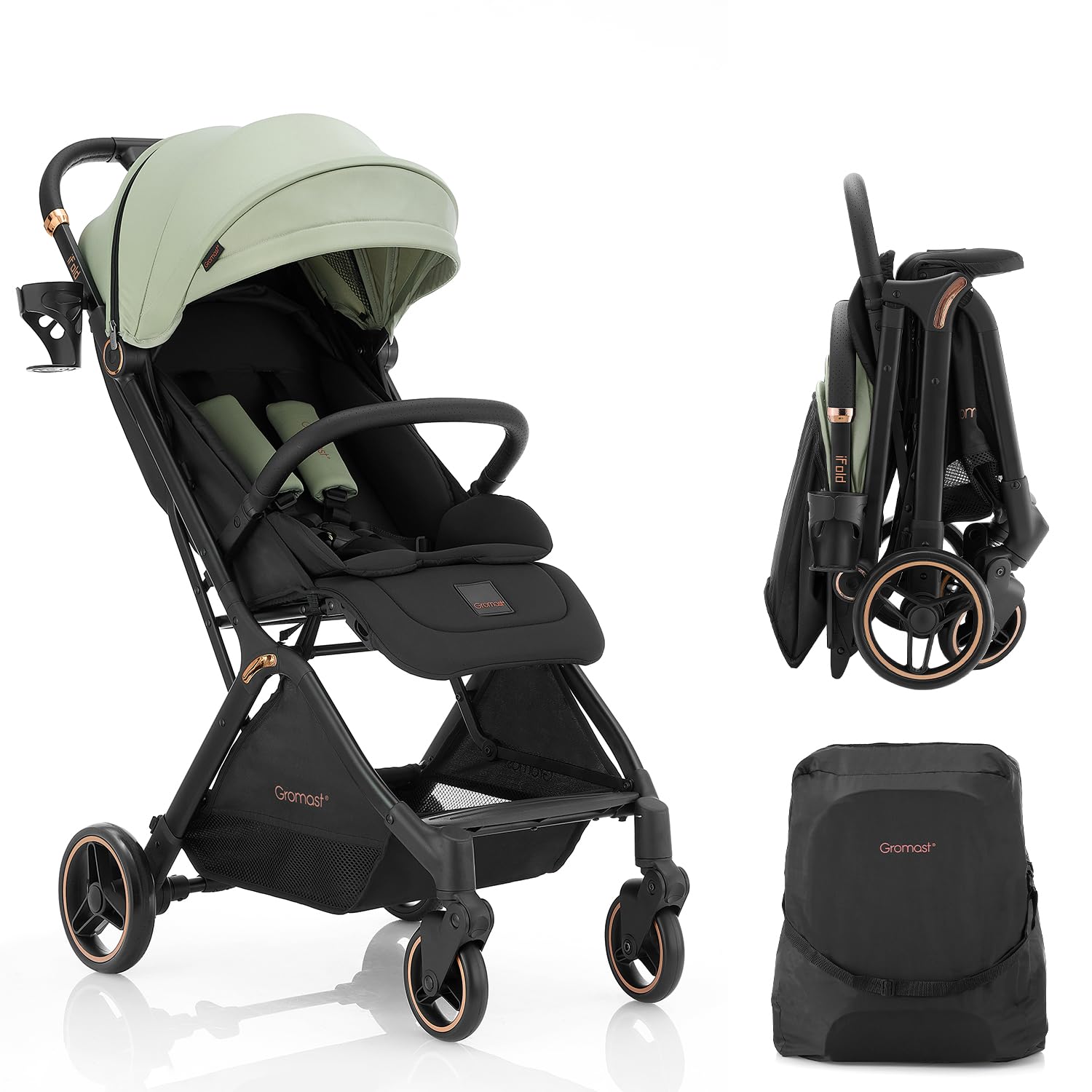 Gravity Folding Baby Stroller - Portable Travel Toddler Stroller w/Adjustable Backrest & Canopy, Lightweight and UV Protected, One-Hand Automatic Folding - Khaki
