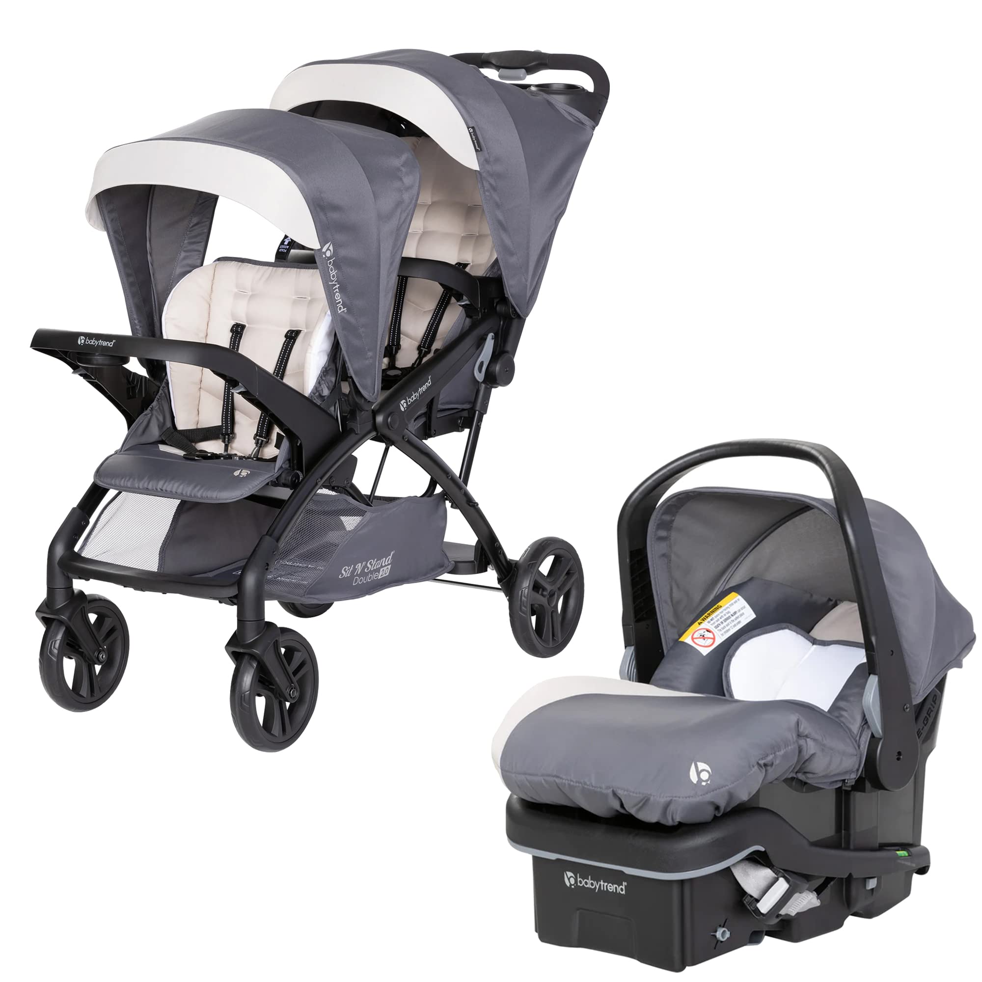 Baby Trend Infant and Toddler Double Stroller & Car Seat Combo, 2 Pc Set, Stormy - Lightweight and Compact Travel Stroller and Carseat Tandem for Babies, Infants, and Toddlers