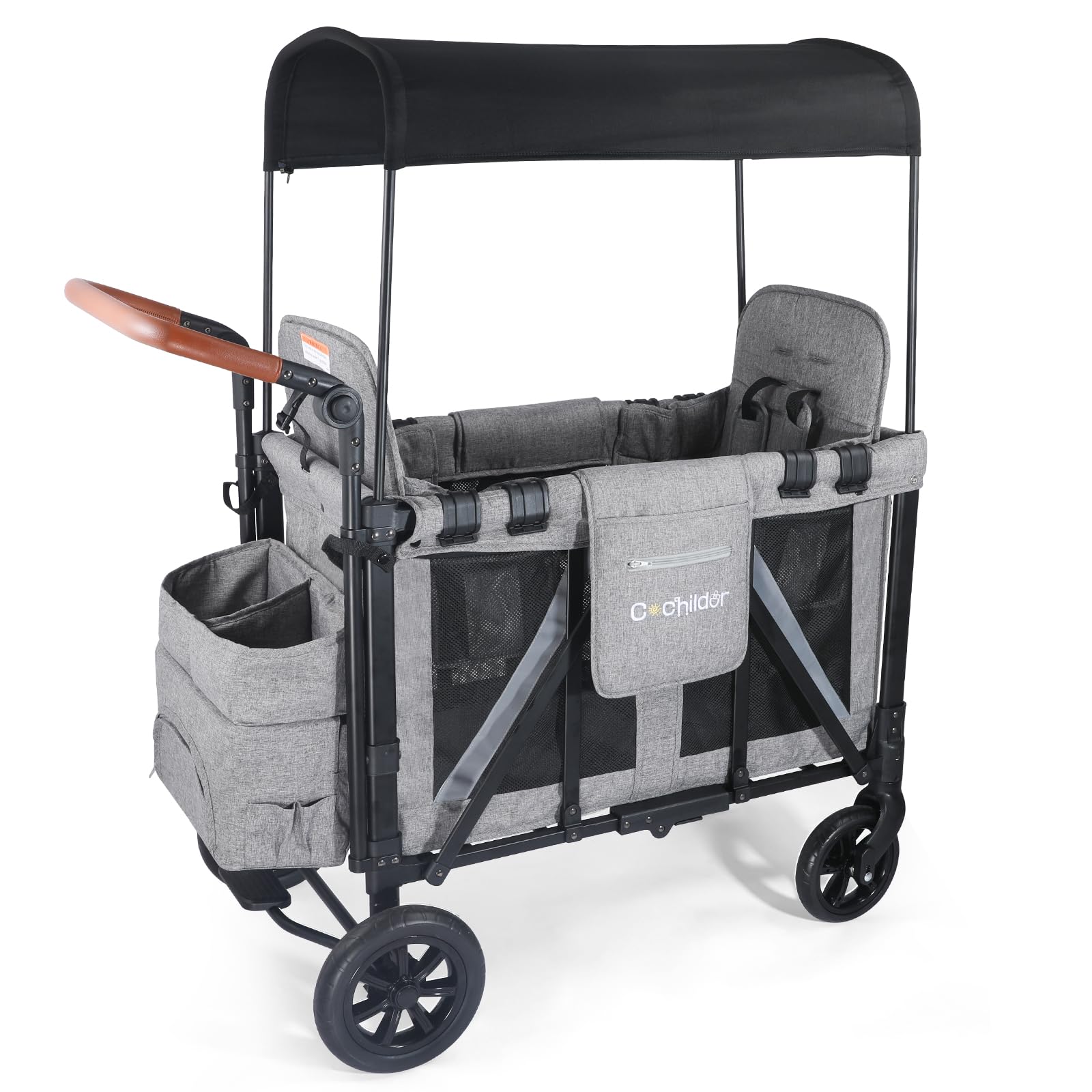 Elite 2 Seater Wagon Stroller for Kids, Foldable Stroller Wagon with Removable Seats & Canopy, 5-Point Safety Harness, Adjustable Handle, Dark Gray