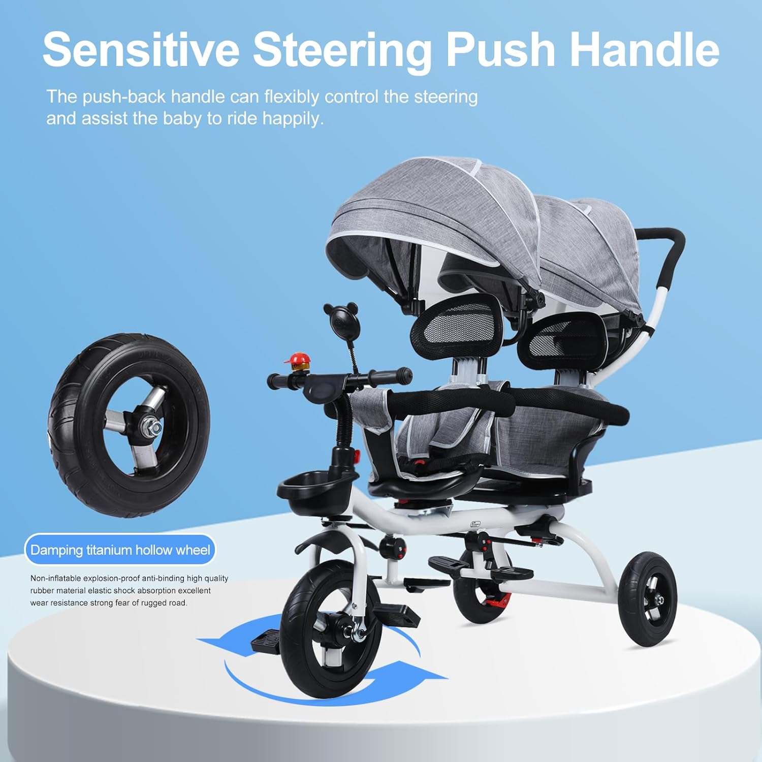 Lightweight Double Toddler Stroller 3-5 Year Old, Sit and Stand Compact Stroller for Travel Infant Tricycle with Anti-Roll Rubber Wheels, Gift for Boys and Girls, Gray