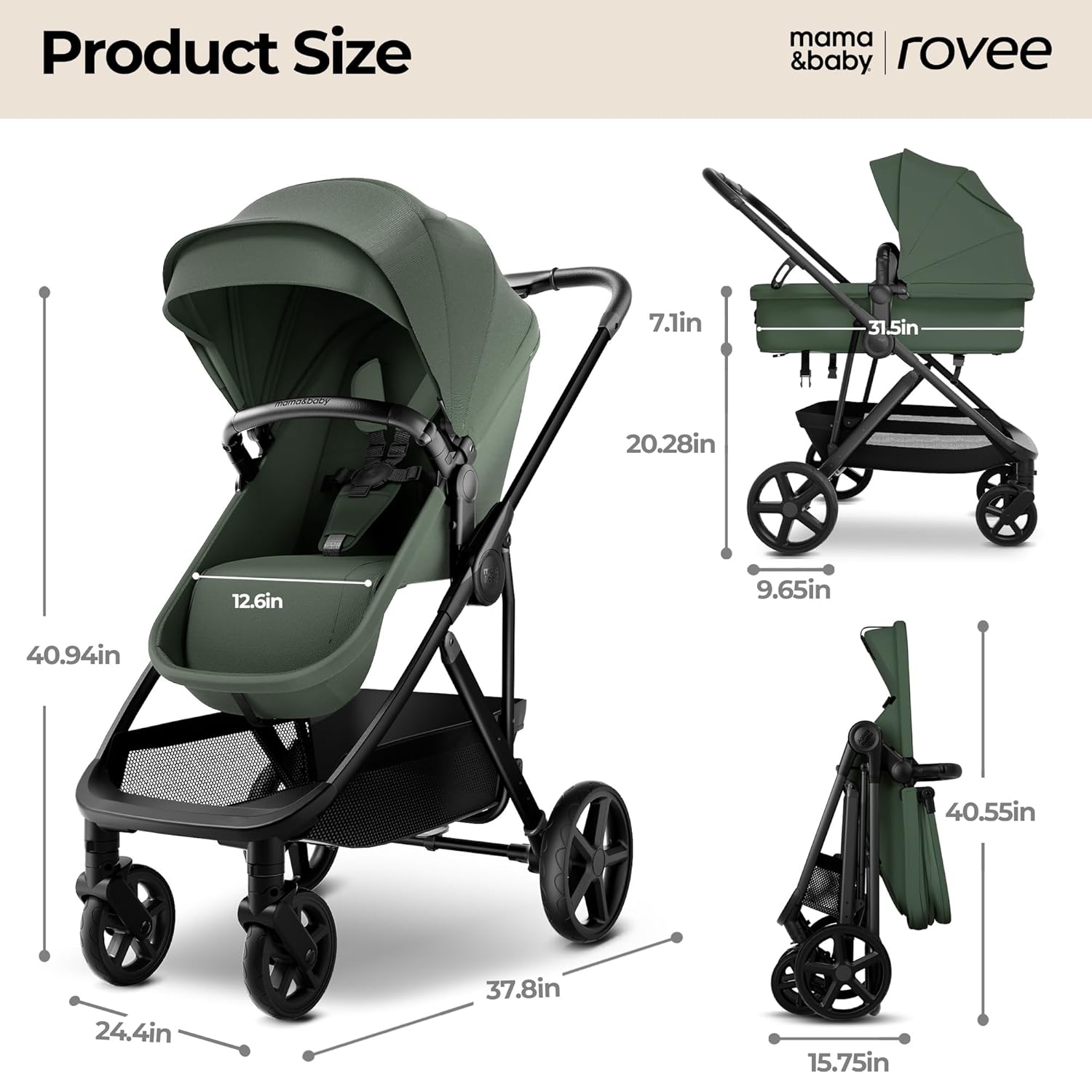 MAMA & BABY Rovee 2-in-1 Baby Stroller, Convertible Infant & Toddler Stroller with Reversible Seat, Large UPF 50+ Sun Canopy, Foldable Stroller with Shock-Absorbing Wheels & Storage Basket