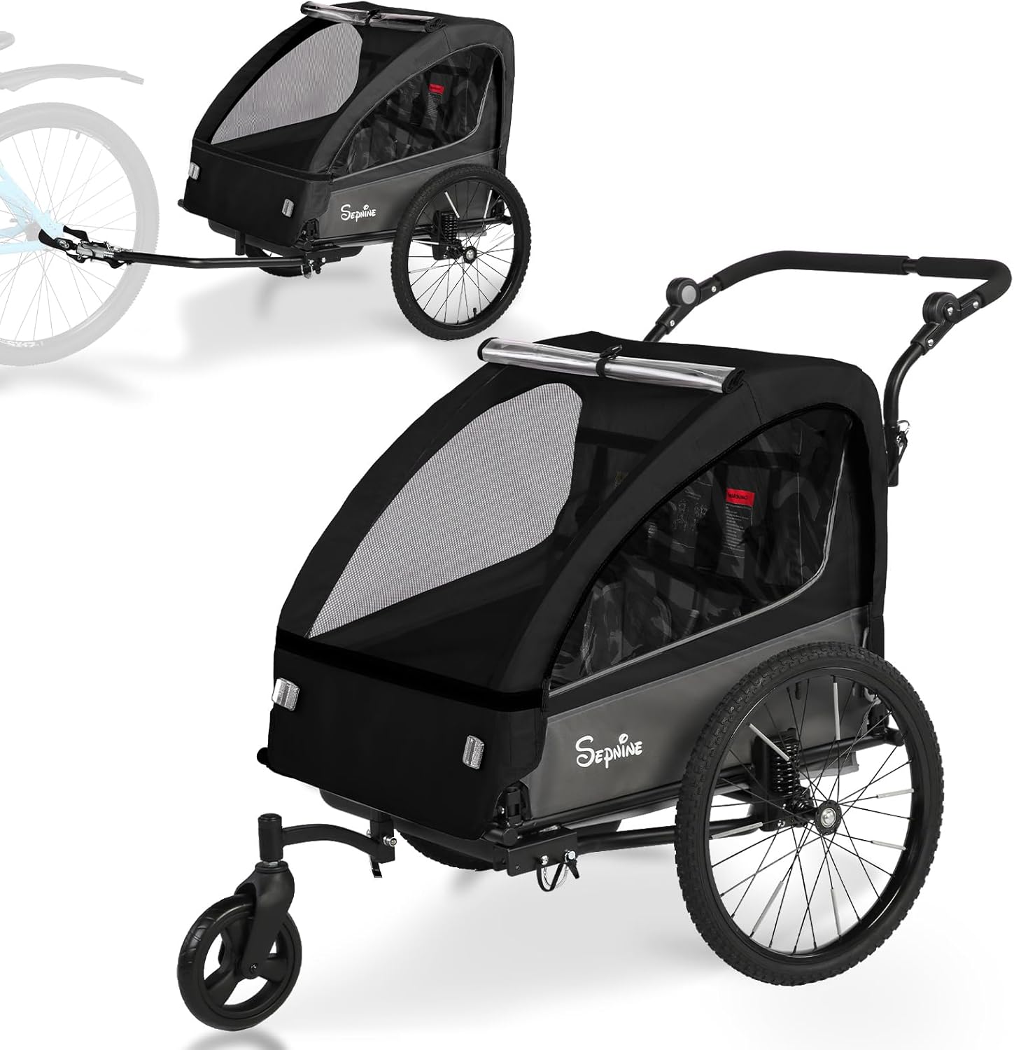 Sepnine 2-in-1 Kids Bike Trailer and Stroller with Suspension – Bike Trailer for 1 to 2 Children, Jogging Function, Foldable, 5-Point Harness, Spacious Storage, with Bug Screen and Weather Shield
