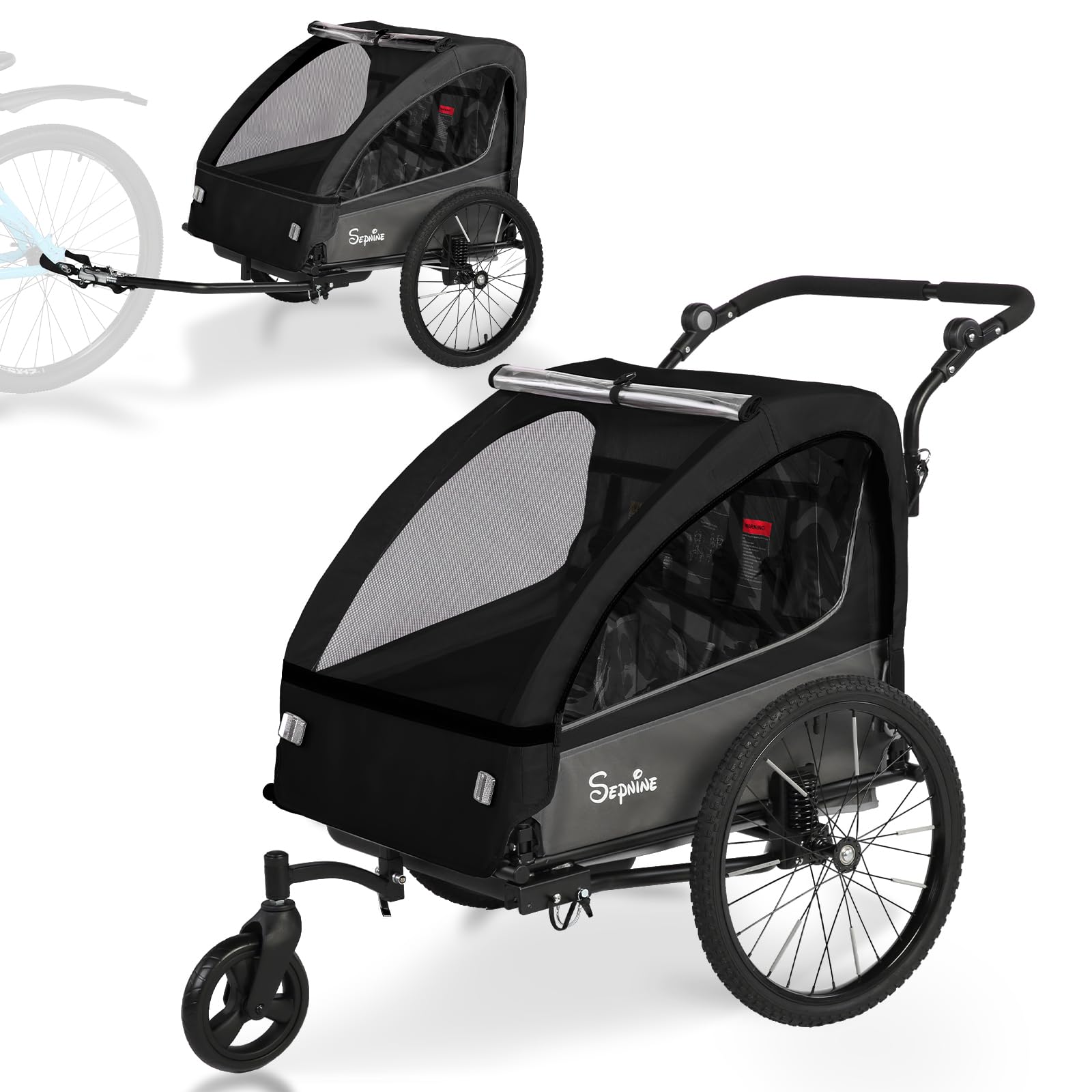 Sepnine 2-in-1 Kids Bike Trailer and Stroller with Suspension – Bike Trailer for 1 to 2 Children, Jogging Function, Foldable, 5-Point Harness, Spacious Storage, with Bug Screen and Weather Shield