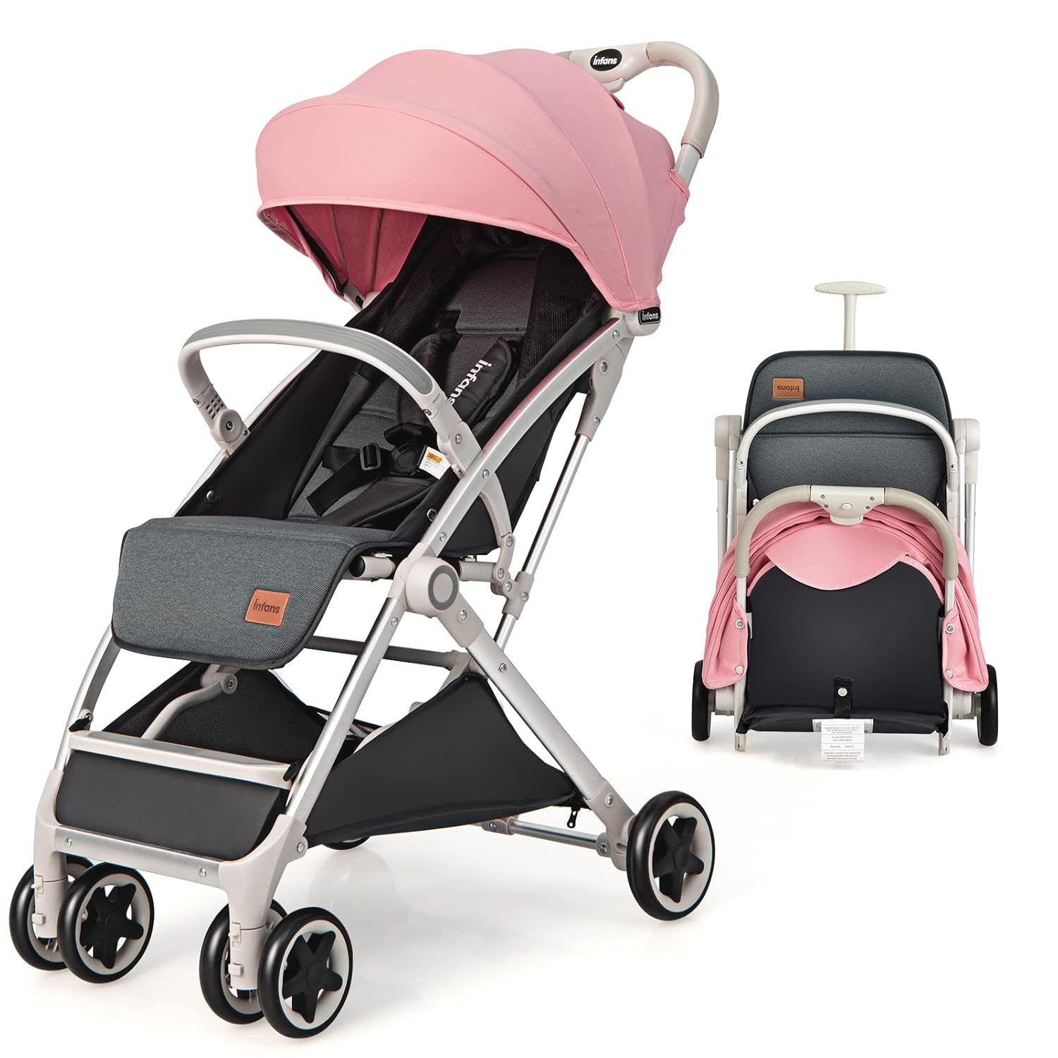 INFANS Lightweight Baby Stroller, Compact Infant with One-Hand Fold, Travel Stroller for Airplane with Cup Holder, Canopy 5-Point Harness Foot Cover for 0-36 Month (Pink)
