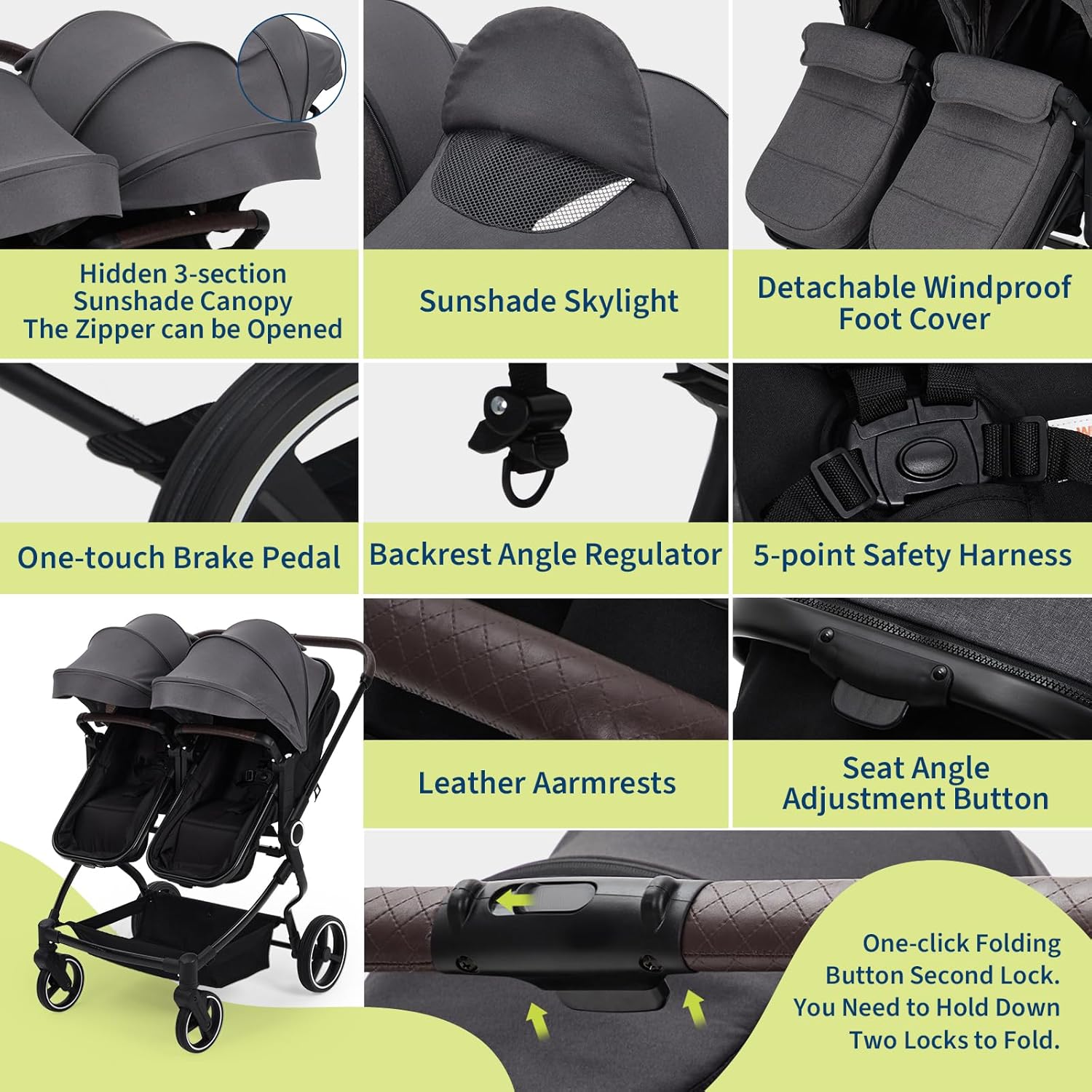 Side by Side Double Stroller for Twins, Lightweight Compact Foldable Baby Travel Stroller with High Landscape Seat, Adjustable Canopy & Recline for Infant and Toddler, Dark Grey