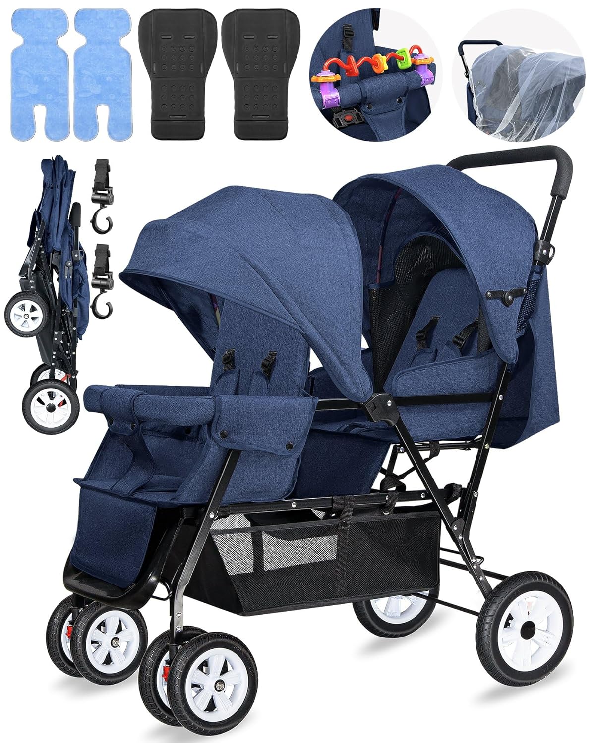 Double Stroller for Infant Toddler, Foldable Double Baby Stroller with Tandem Seating and Adjustable Backrest - Extra Gift Toys/Mosquito Net/Sleeping Mats/ 2 Cotton Pads/ 2 Hooks (Blue)
