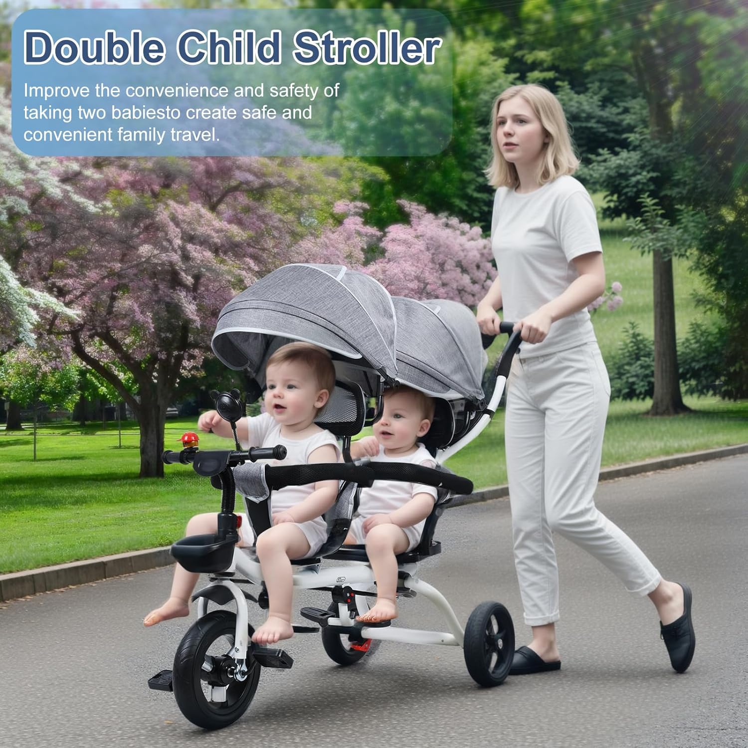 Lightweight Double Toddler Stroller 3-5 Year Old, Sit and Stand Compact Stroller for Travel Infant Tricycle with Anti-Roll Rubber Wheels, Gift for Boys and Girls, Gray
