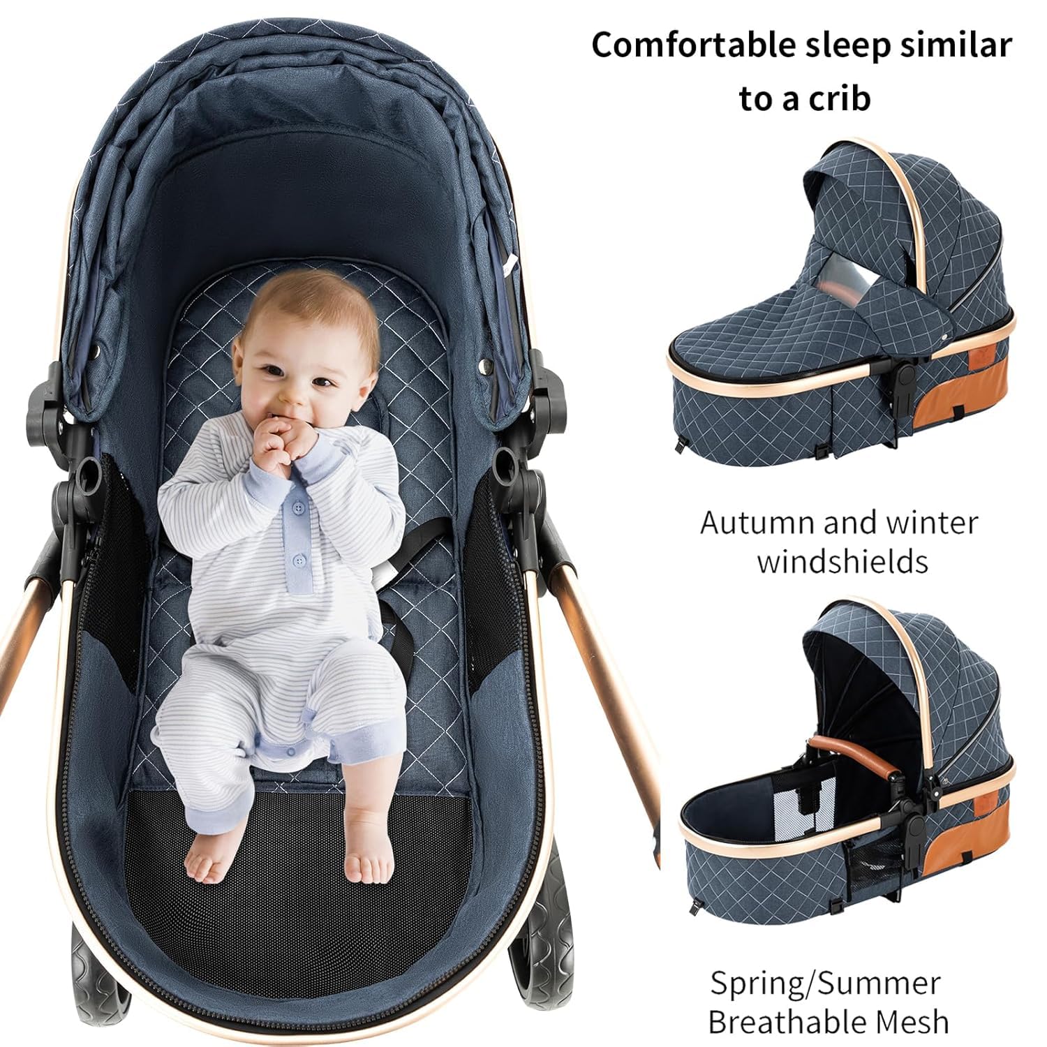 Baby Stroller:Full-Size Reversible Bassinet & Toddler Seat,Foldable Design with UPF 50+ Canopy,Bug Shield,Rain Shield,All-Weather Storage – Newborn to 36 Months(Blue&Gold)