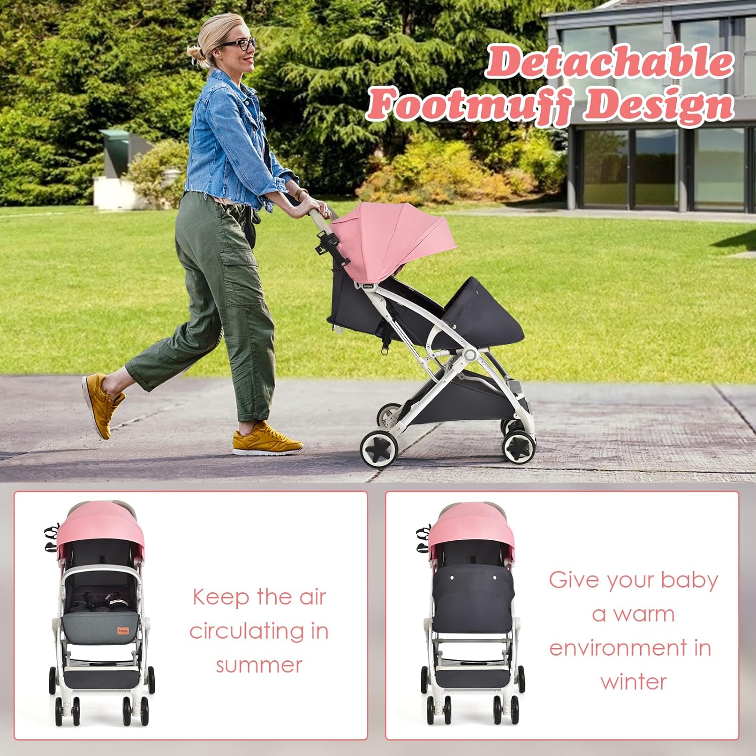 INFANS Lightweight Baby Stroller, Compact Infant with One-Hand Fold, Travel Stroller for Airplane with Cup Holder, Canopy 5-Point Harness Foot Cover for 0-36 Month (Pink)