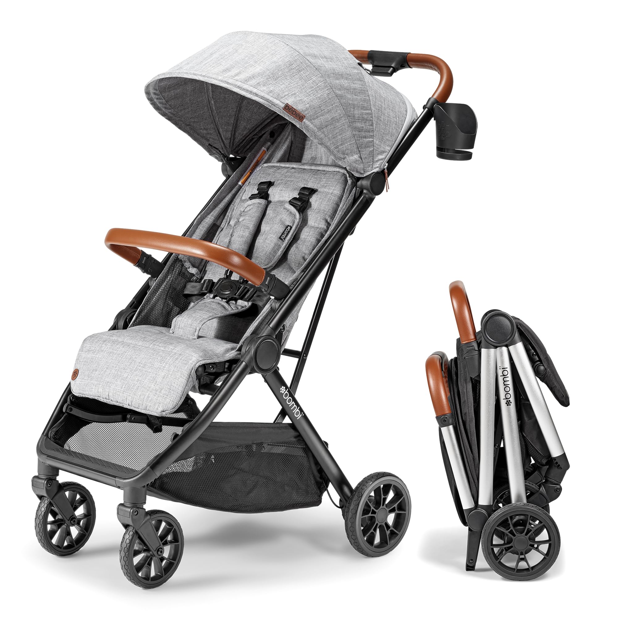 Bombi Bēbee V2 Lightweight Baby Stroller - Premium Vegan Leather, One-Hand Fold, Infinite Recline, Aircraft-Grade Aluminum Frame, XXL Canopy, and Ample Storage Umbrella Stroller - Sand