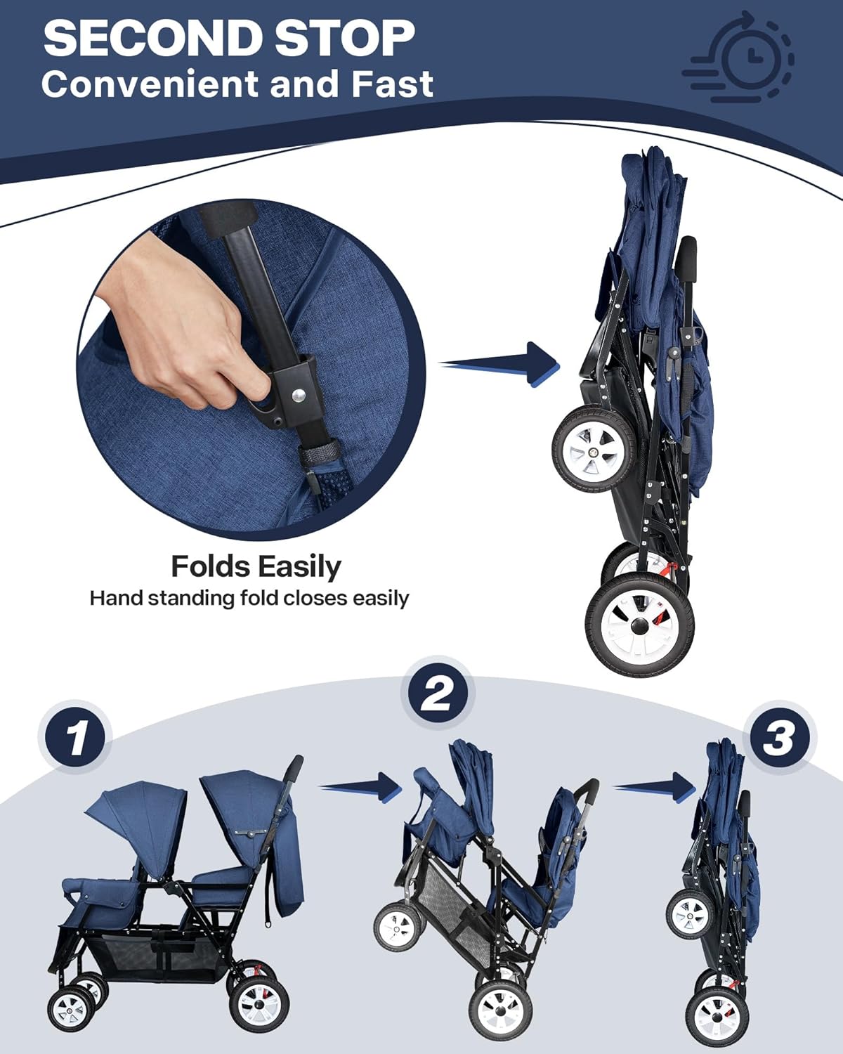 Double Stroller for Infant Toddler, Foldable Double Baby Stroller with Tandem Seating and Adjustable Backrest - Extra Gift Toys/Mosquito Net/Sleeping Mats/ 2 Cotton Pads/ 2 Hooks (Blue)