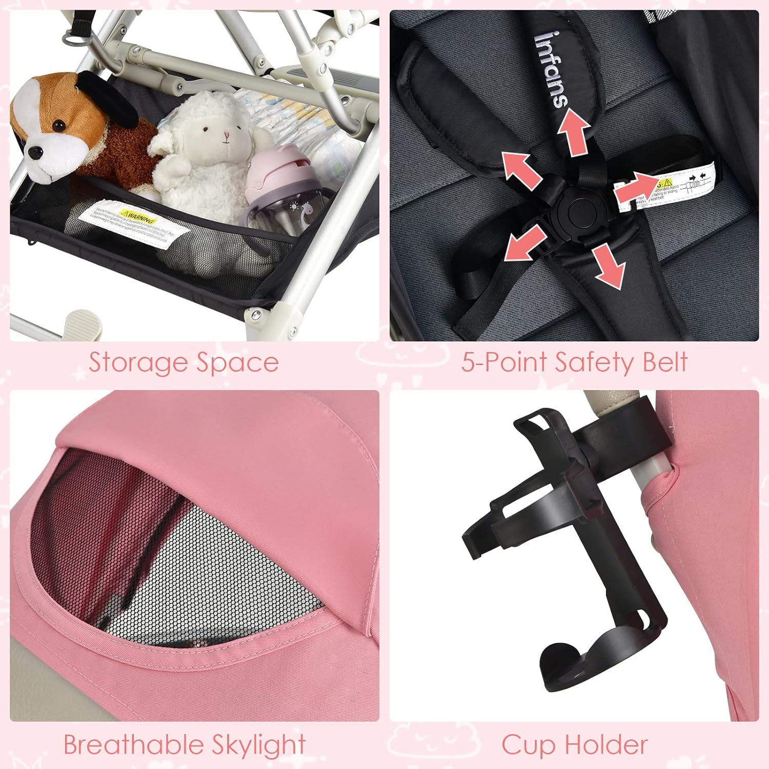 INFANS Lightweight Baby Stroller, Compact Infant with One-Hand Fold, Travel Stroller for Airplane with Cup Holder, Canopy 5-Point Harness Foot Cover for 0-36 Month (Pink)
