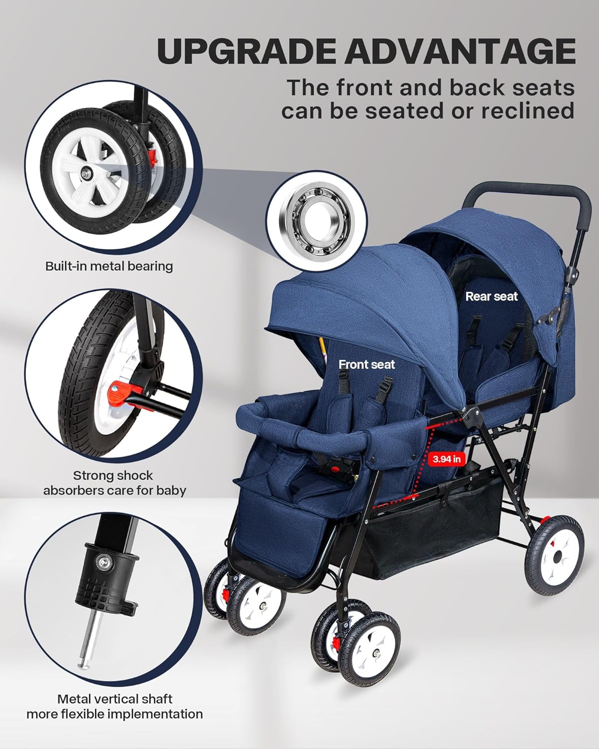 Double Stroller for Infant Toddler, Foldable Double Baby Stroller with Tandem Seating and Adjustable Backrest - Extra Gift Toys/Mosquito Net/Sleeping Mats/ 2 Cotton Pads/ 2 Hooks (Blue)