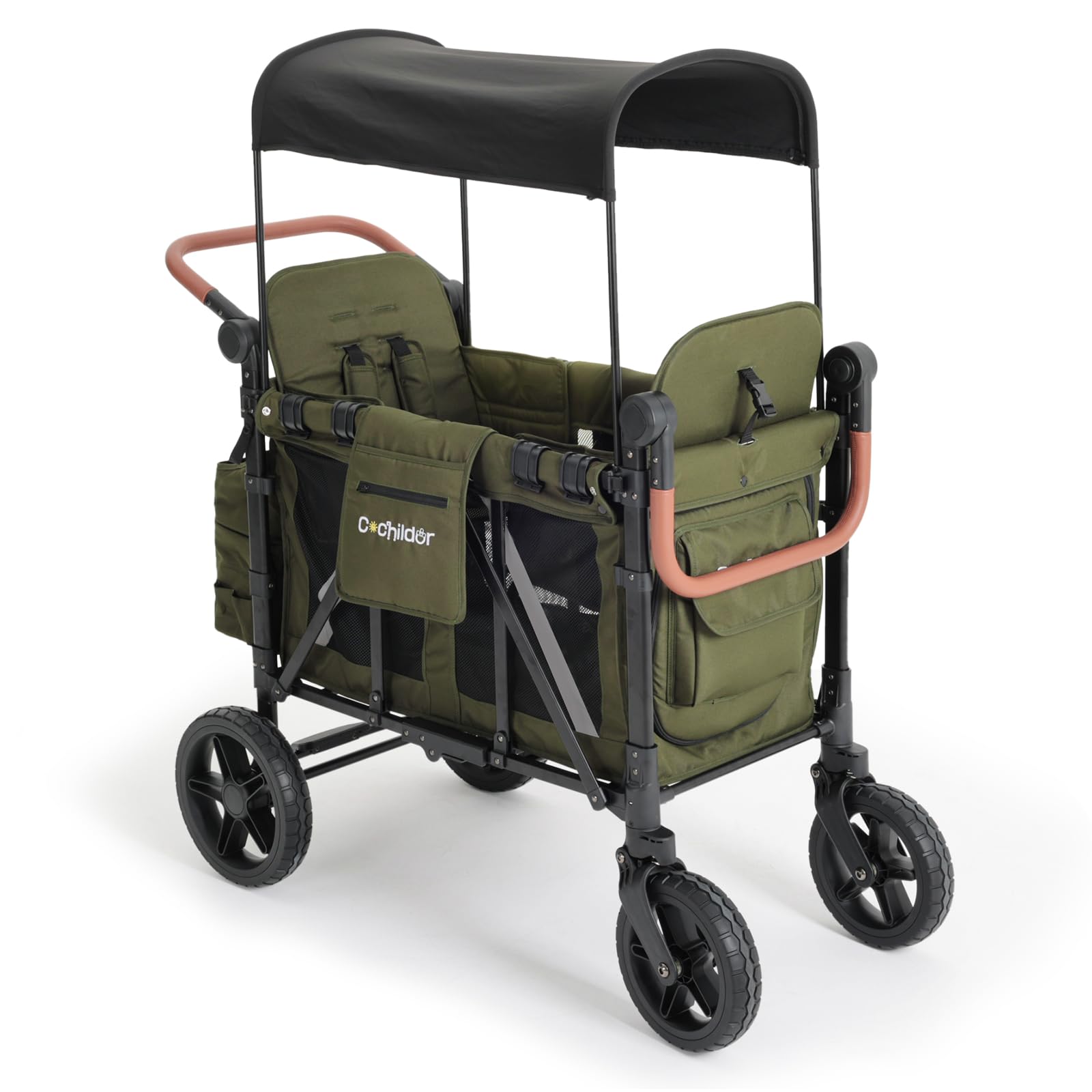 Elite 2 Seater Wagon Stroller for Kids, Foldable Stroller Wagon with Removable Seats & Canopy, 5-Point Safety Harness, Adjustable Handle, Dark Gray