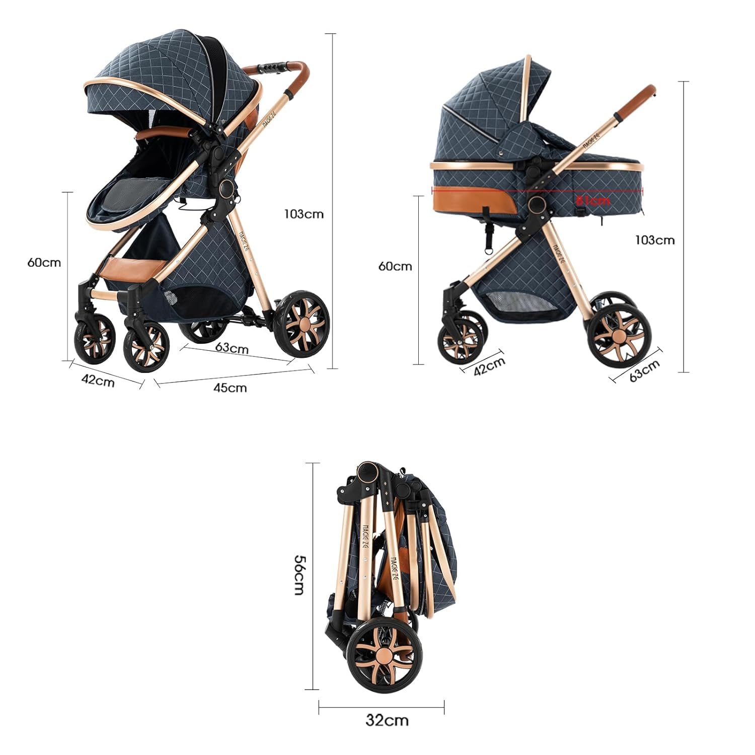 Baby Stroller:Full-Size Reversible Bassinet & Toddler Seat,Foldable Design with UPF 50+ Canopy,Bug Shield,Rain Shield,All-Weather Storage – Newborn to 36 Months(Blue&Gold)