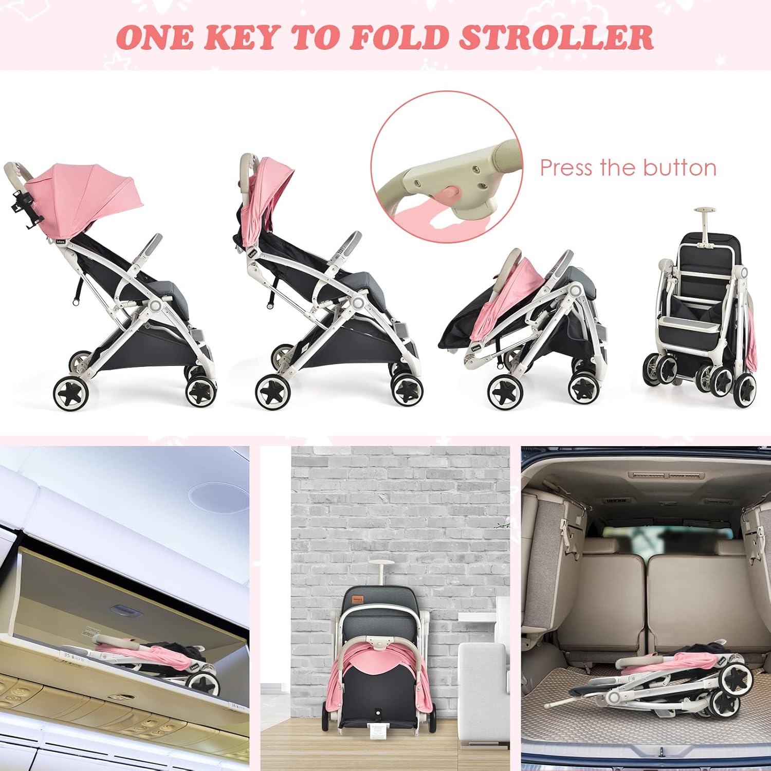 INFANS Lightweight Baby Stroller, Compact Infant with One-Hand Fold, Travel Stroller for Airplane with Cup Holder, Canopy 5-Point Harness Foot Cover for 0-36 Month (Pink)