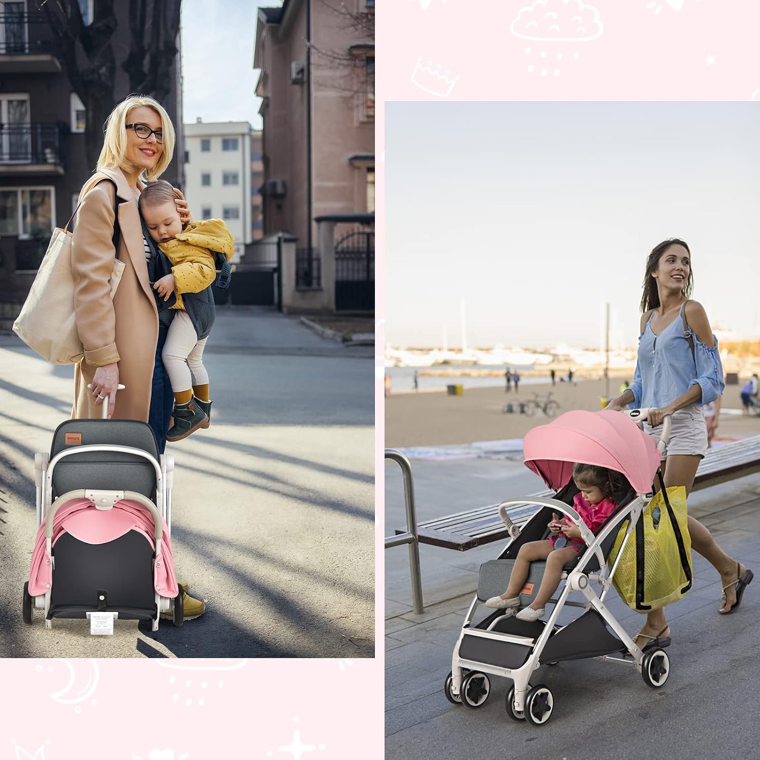 INFANS Lightweight Baby Stroller, Compact Infant with One-Hand Fold, Travel Stroller for Airplane with Cup Holder, Canopy 5-Point Harness Foot Cover for 0-36 Month (Pink)
