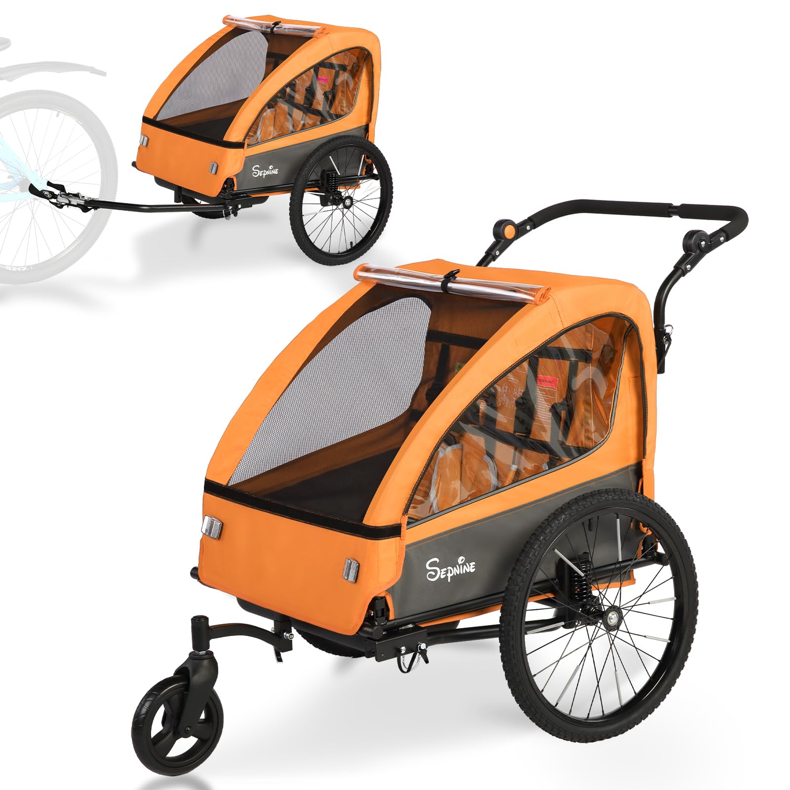 Sepnine 2-in-1 Kids Bike Trailer and Stroller with Suspension – Bike Trailer for 1 to 2 Children, Jogging Function, Foldable, 5-Point Harness, Spacious Storage, with Bug Screen and Weather Shield