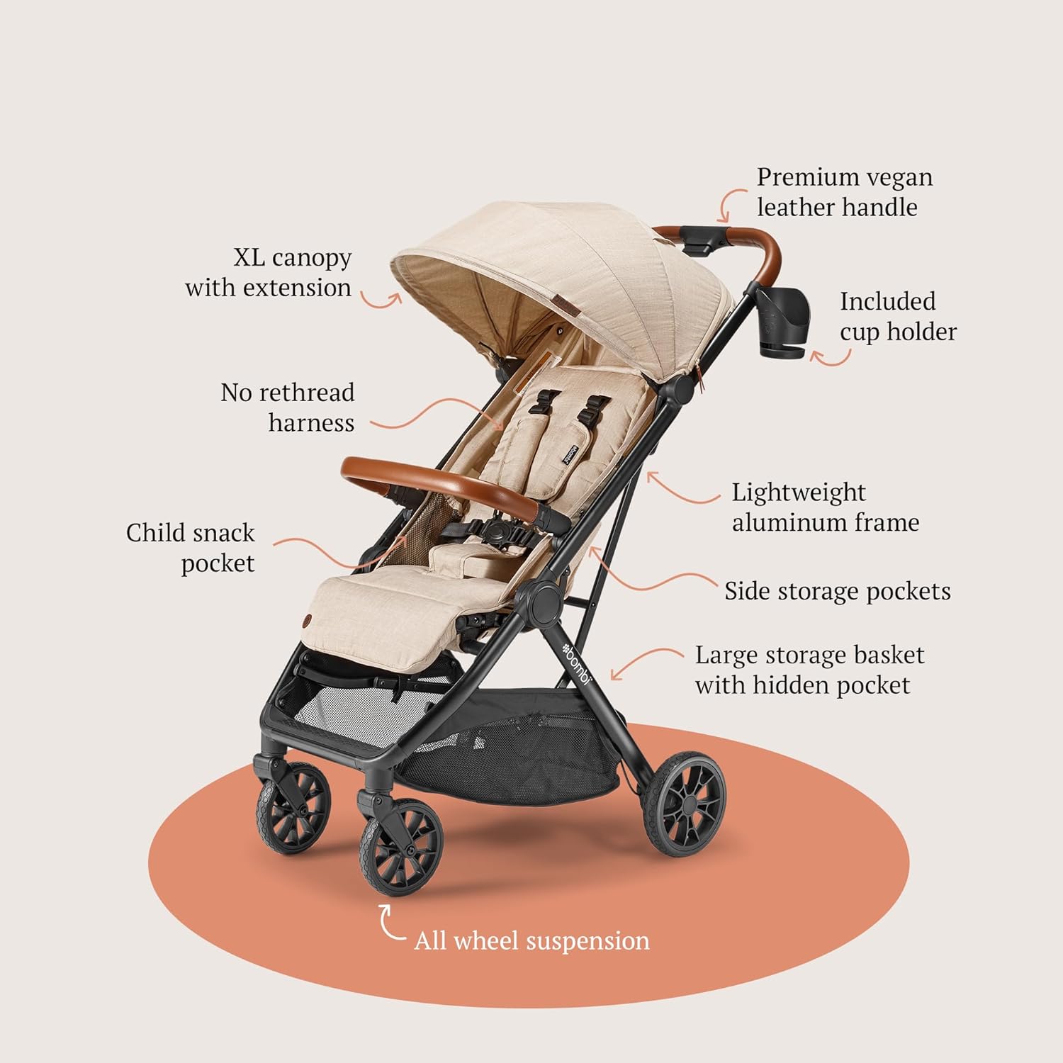 Bombi Bēbee V2 Lightweight Baby Stroller - Premium Vegan Leather, One-Hand Fold, Infinite Recline, Aircraft-Grade Aluminum Frame, XXL Canopy, and Ample Storage Umbrella Stroller - Sand