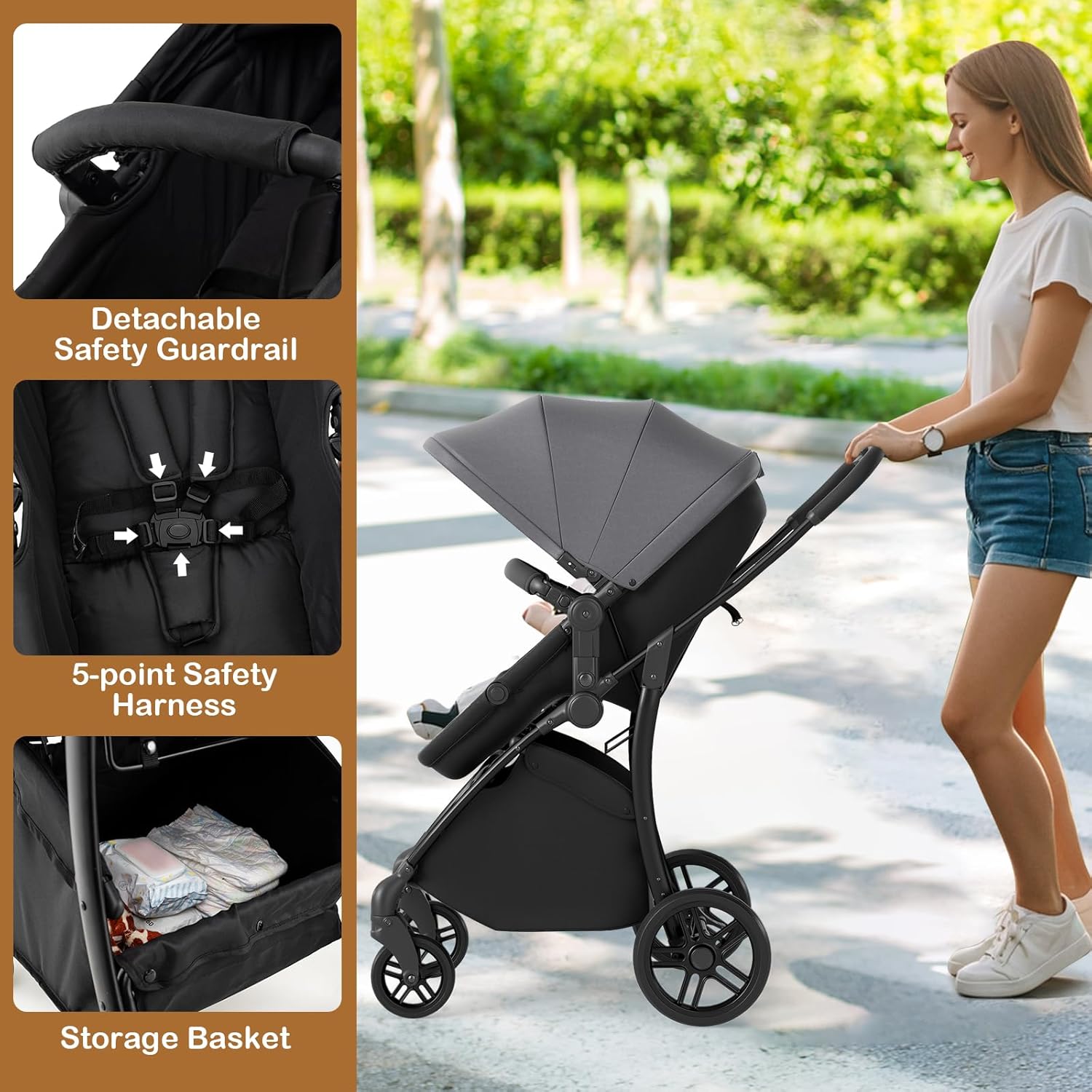 HONEY JOY 2 in 1 Baby Stroller, Convertible Pram Stroller w/Bassinet, Reversible Seat, Adjustable Backrest & Canopy, High Landscape One-Hand Fold Pushchair for Newborn Infants 0-36 Months (Gray)