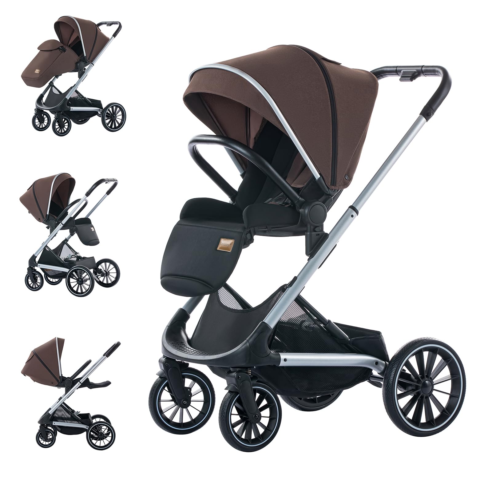 Wagon Pram, Convertible Stroller with Reversible Seat, Foldable Newborn Stroller with Bassinet Mode, Oversized Wheels Luxury Baby Carriage Suit Toddler Infant,Gray (Green)