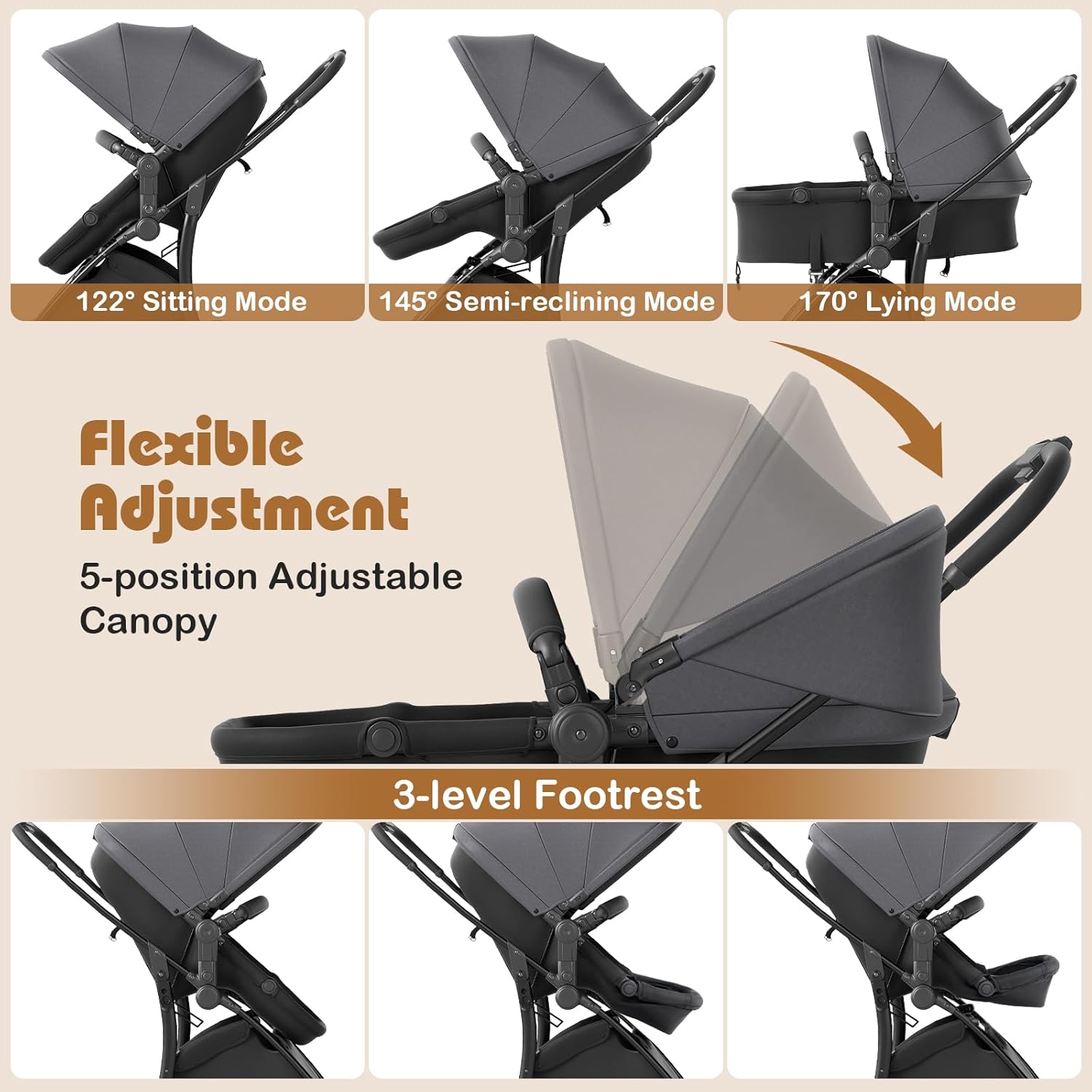 HONEY JOY 2 in 1 Baby Stroller, Convertible Pram Stroller w/Bassinet, Reversible Seat, Adjustable Backrest & Canopy, High Landscape One-Hand Fold Pushchair for Newborn Infants 0-36 Months (Gray)