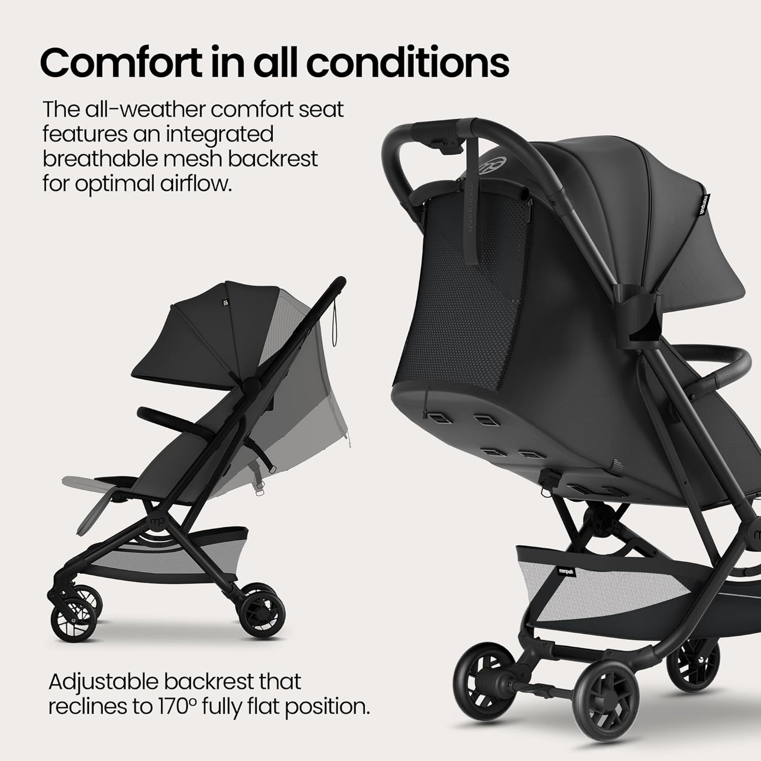 Mompush Velo Lightweight Travel Stroller, Compact & Airplane-Friendly for Baby and Toddler, Lie-Flat Seat, One-Hand Fold, with Leather Bumper Bar, Shoulder Strap, Raincover, Storage Bag & Cup Holder