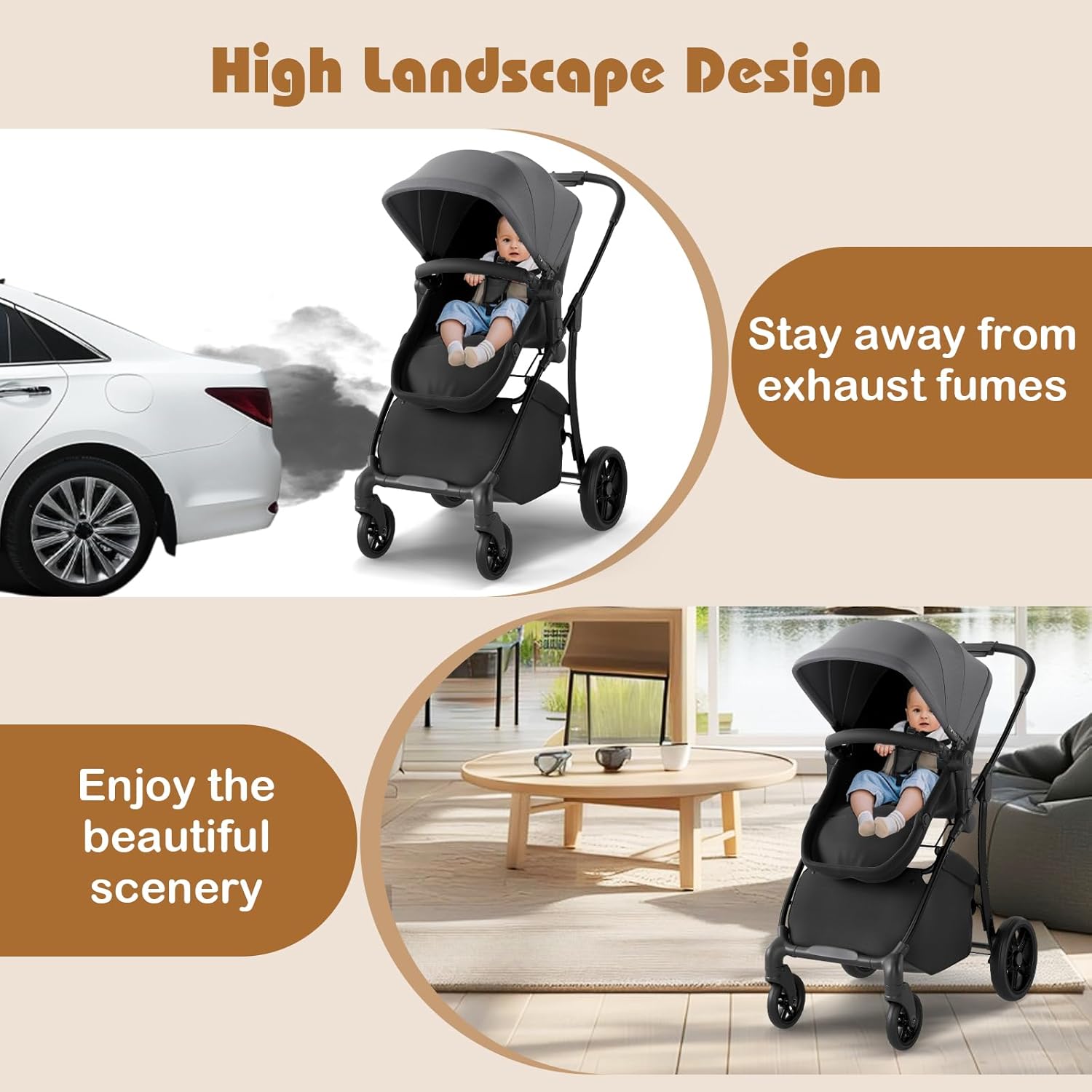 HONEY JOY 2 in 1 Baby Stroller, Convertible Pram Stroller w/Bassinet, Reversible Seat, Adjustable Backrest & Canopy, High Landscape One-Hand Fold Pushchair for Newborn Infants 0-36 Months (Gray)