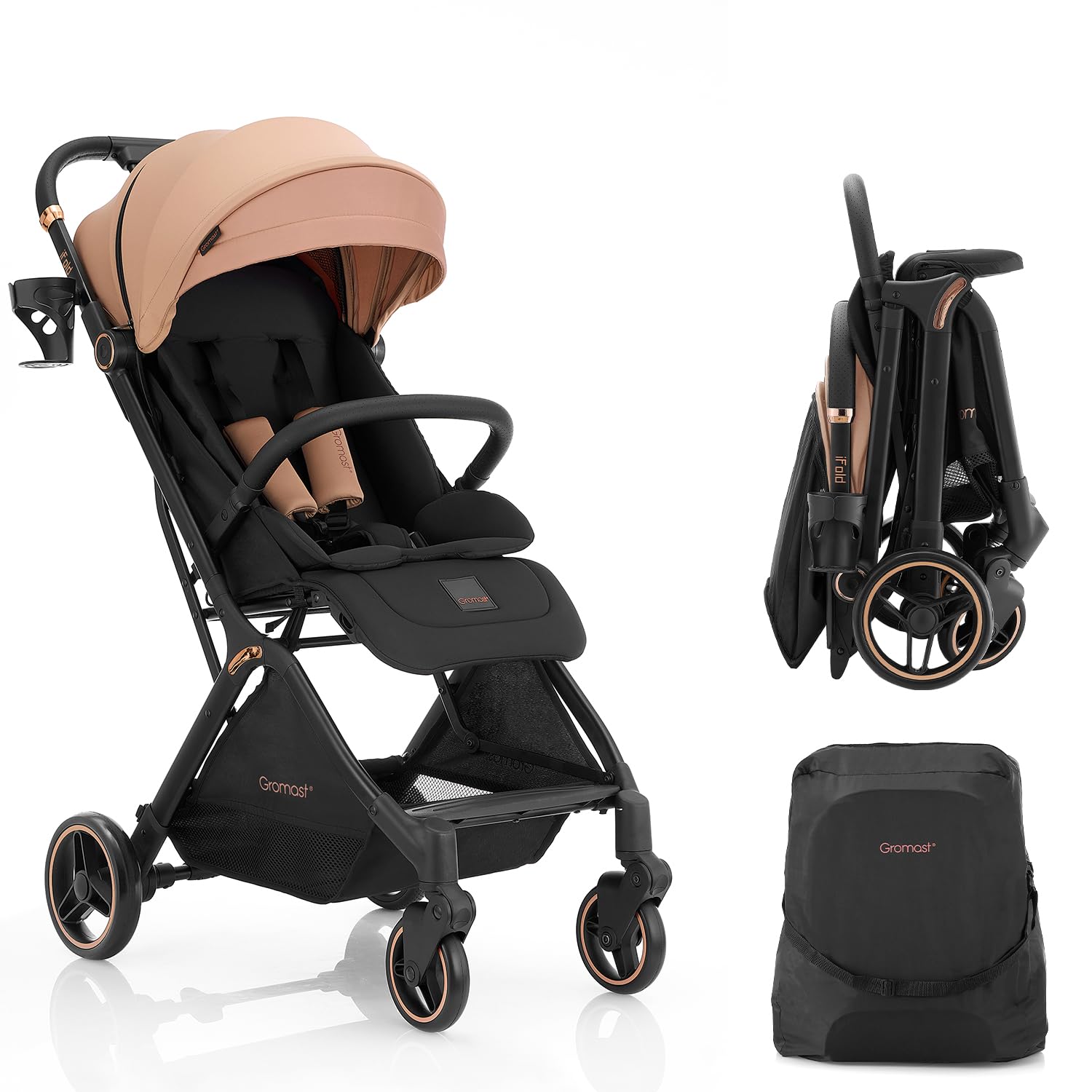 Gravity Folding Baby Stroller - Portable Travel Toddler Stroller w/Adjustable Backrest & Canopy, Lightweight and UV Protected, One-Hand Automatic Folding - Khaki