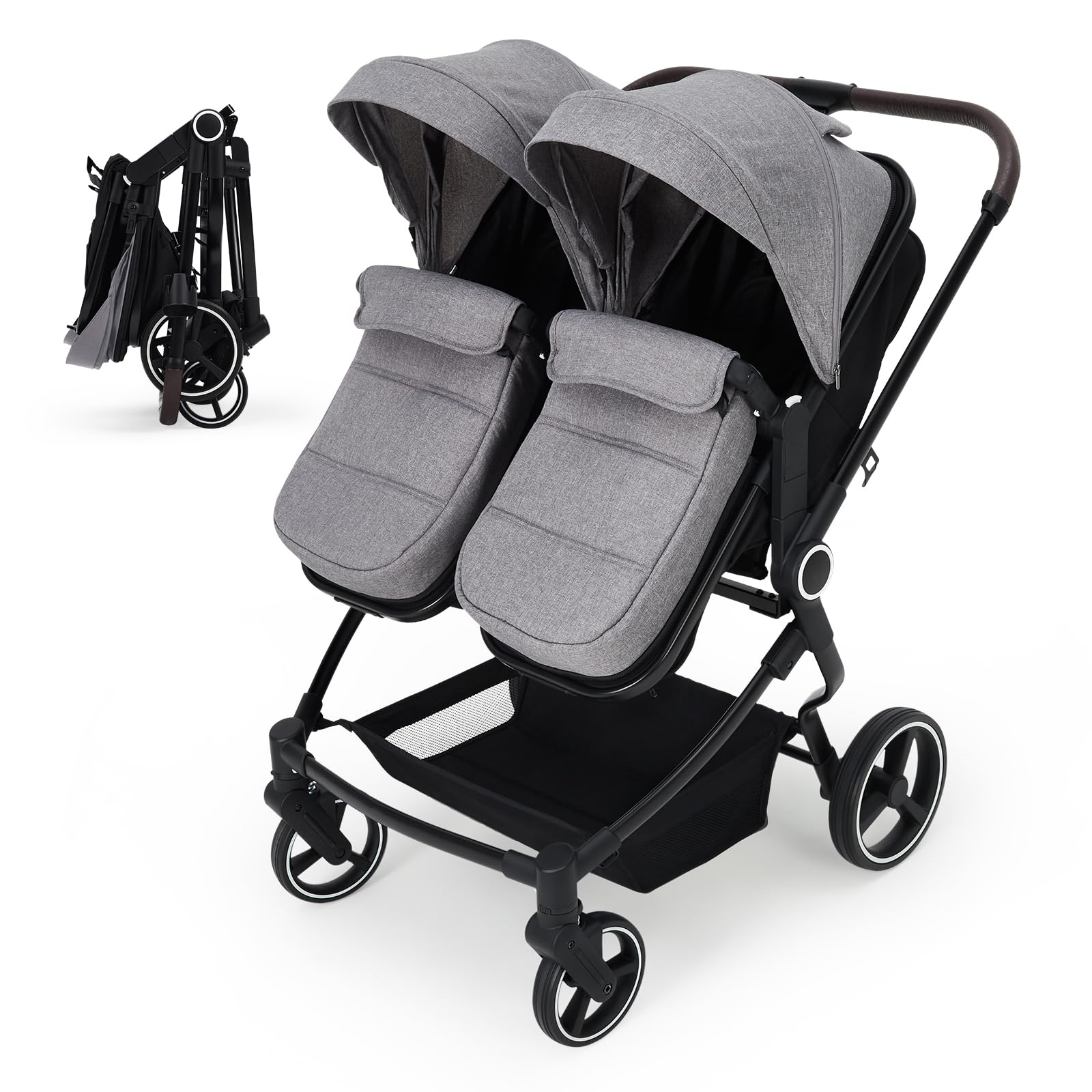 Side by Side Double Stroller for Twins, Lightweight Compact Foldable Baby Travel Stroller with High Landscape Seat, Adjustable Canopy & Recline for Infant and Toddler, Dark Grey