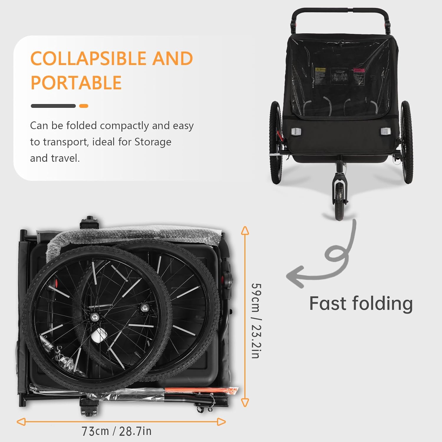 Sepnine 2-in-1 Kids Bike Trailer and Stroller with Suspension – Bike Trailer for 1 to 2 Children, Jogging Function, Foldable, 5-Point Harness, Spacious Storage, with Bug Screen and Weather Shield