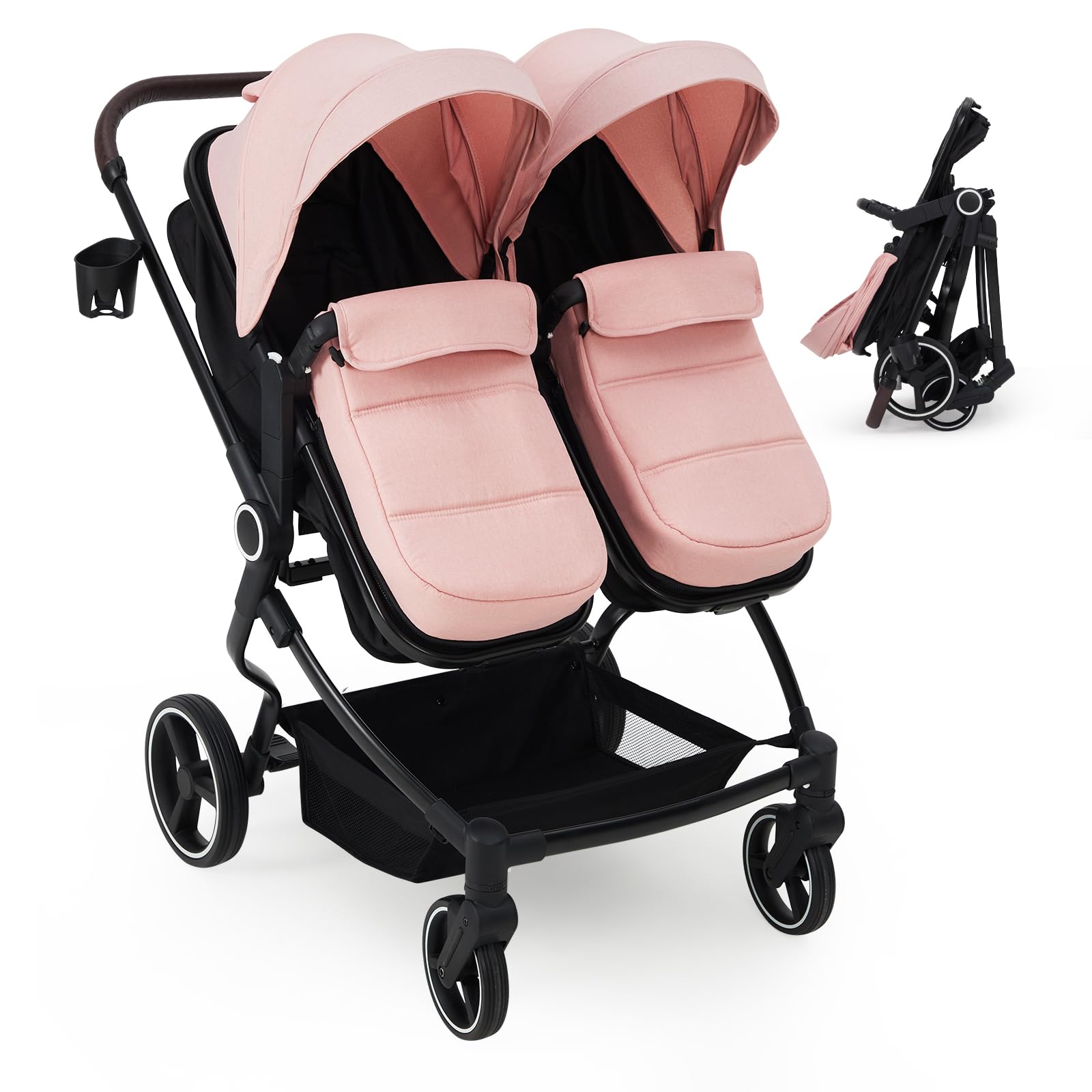Side by Side Double Stroller for Twins, Lightweight Compact Foldable Baby Travel Stroller with High Landscape Seat, Adjustable Canopy & Recline for Infant and Toddler, Dark Grey