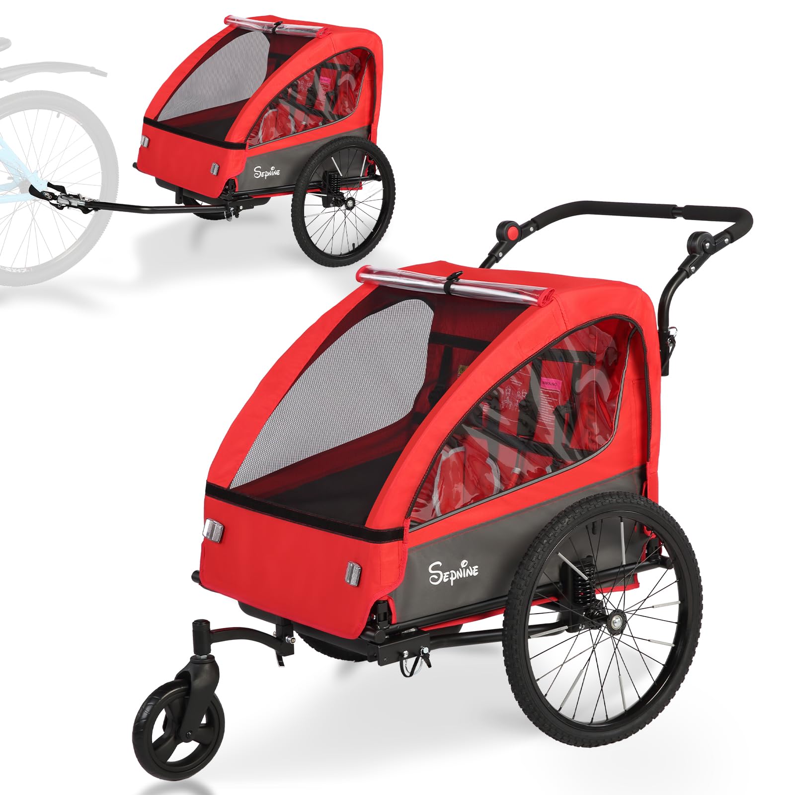 Sepnine 2-in-1 Kids Bike Trailer and Stroller with Suspension – Bike Trailer for 1 to 2 Children, Jogging Function, Foldable, 5-Point Harness, Spacious Storage, with Bug Screen and Weather Shield