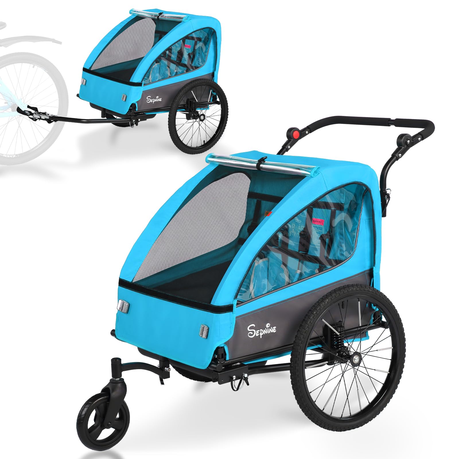 Sepnine 2-in-1 Kids Bike Trailer and Stroller with Suspension – Bike Trailer for 1 to 2 Children, Jogging Function, Foldable, 5-Point Harness, Spacious Storage, with Bug Screen and Weather Shield