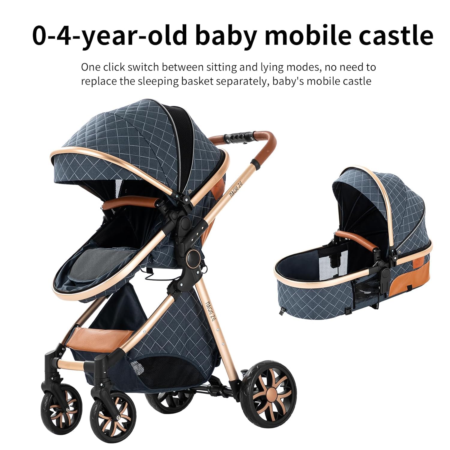 Baby Stroller:Full-Size Reversible Bassinet & Toddler Seat,Foldable Design with UPF 50+ Canopy,Bug Shield,Rain Shield,All-Weather Storage – Newborn to 36 Months(Blue&Gold)