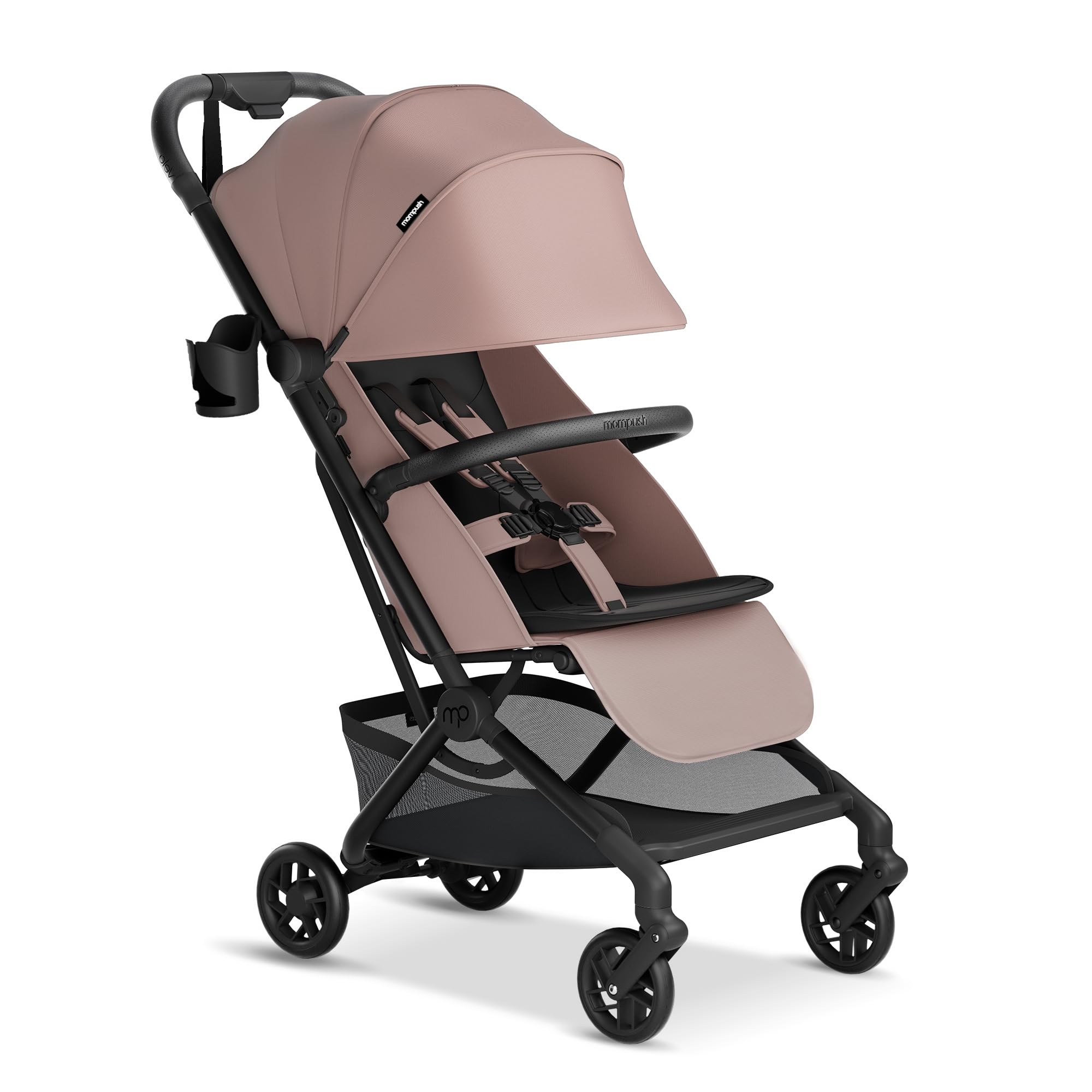 Mompush Velo Lightweight Travel Stroller, Compact & Airplane-Friendly for Baby and Toddler, Lie-Flat Seat, One-Hand Fold, with Leather Bumper Bar, Shoulder Strap, Raincover, Storage Bag & Cup Holder