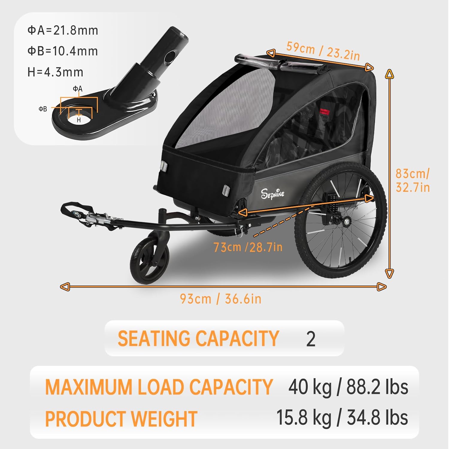 Sepnine 2-in-1 Kids Bike Trailer and Stroller with Suspension – Bike Trailer for 1 to 2 Children, Jogging Function, Foldable, 5-Point Harness, Spacious Storage, with Bug Screen and Weather Shield