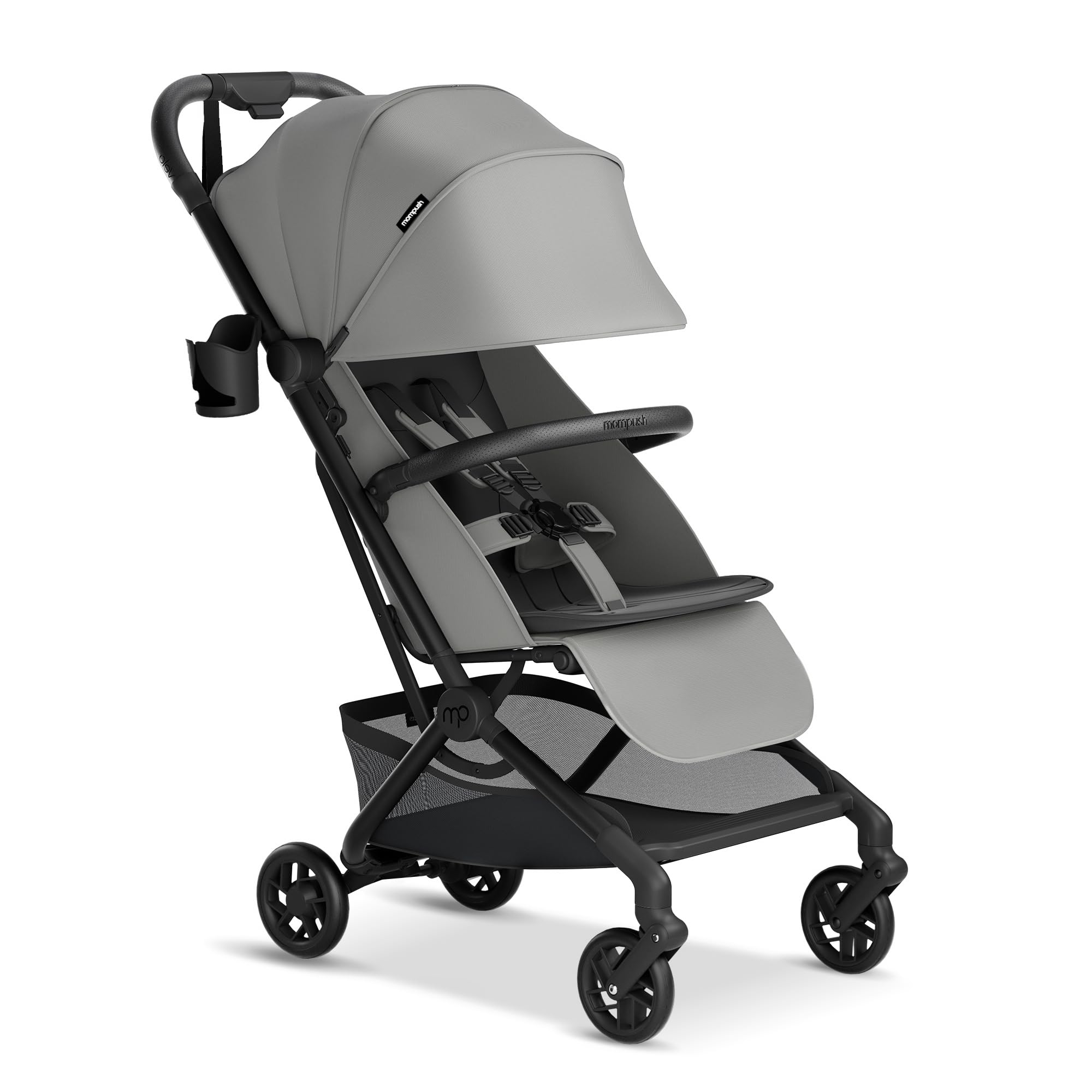 Mompush Velo Lightweight Travel Stroller, Compact & Airplane-Friendly for Baby and Toddler, Lie-Flat Seat, One-Hand Fold, with Leather Bumper Bar, Shoulder Strap, Raincover, Storage Bag & Cup Holder