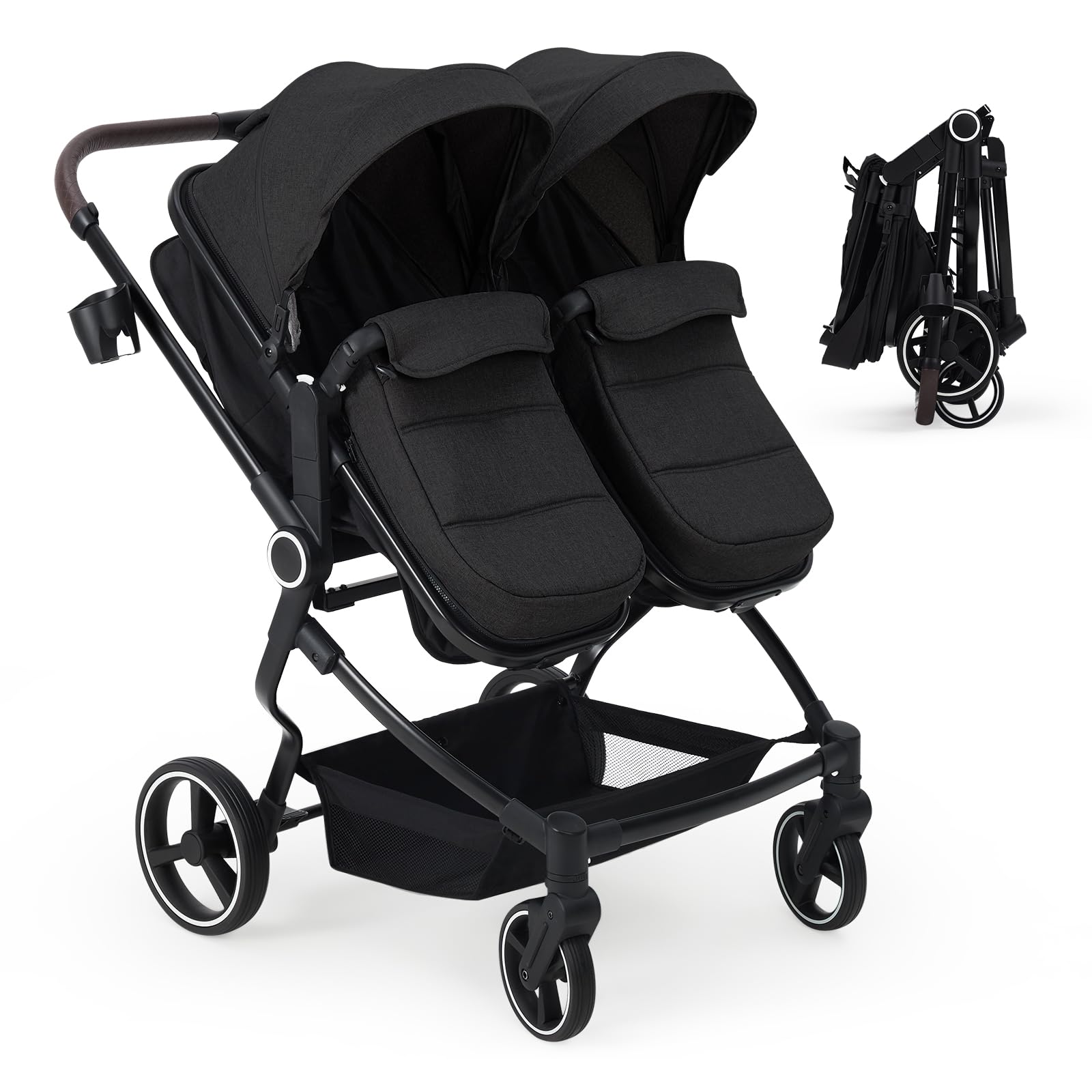 Side by Side Double Stroller for Twins, Lightweight Compact Foldable Baby Travel Stroller with High Landscape Seat, Adjustable Canopy & Recline for Infant and Toddler, Dark Grey